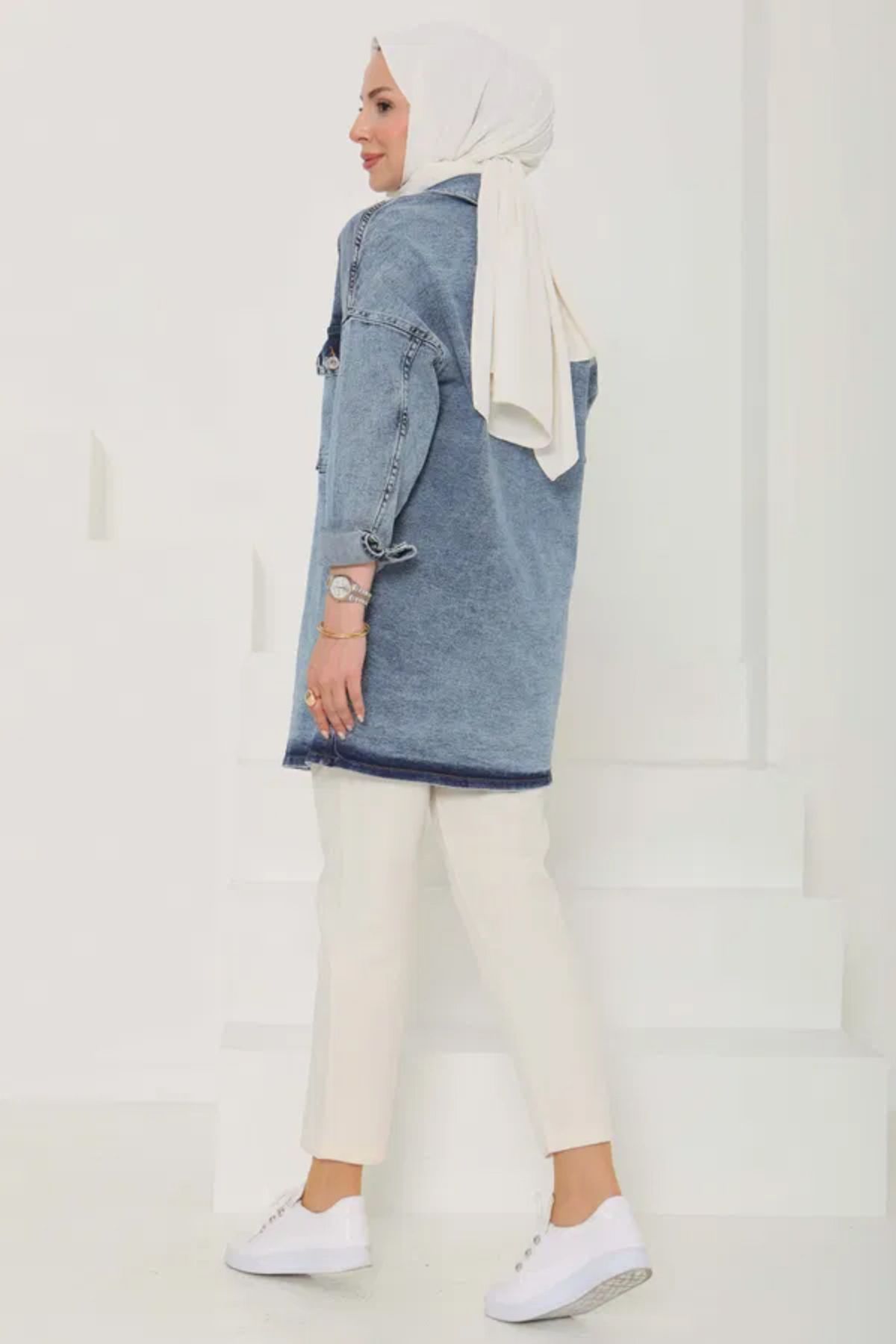 Butik Kadın Oversize Kuş Gözü Cepli Kot Ceket