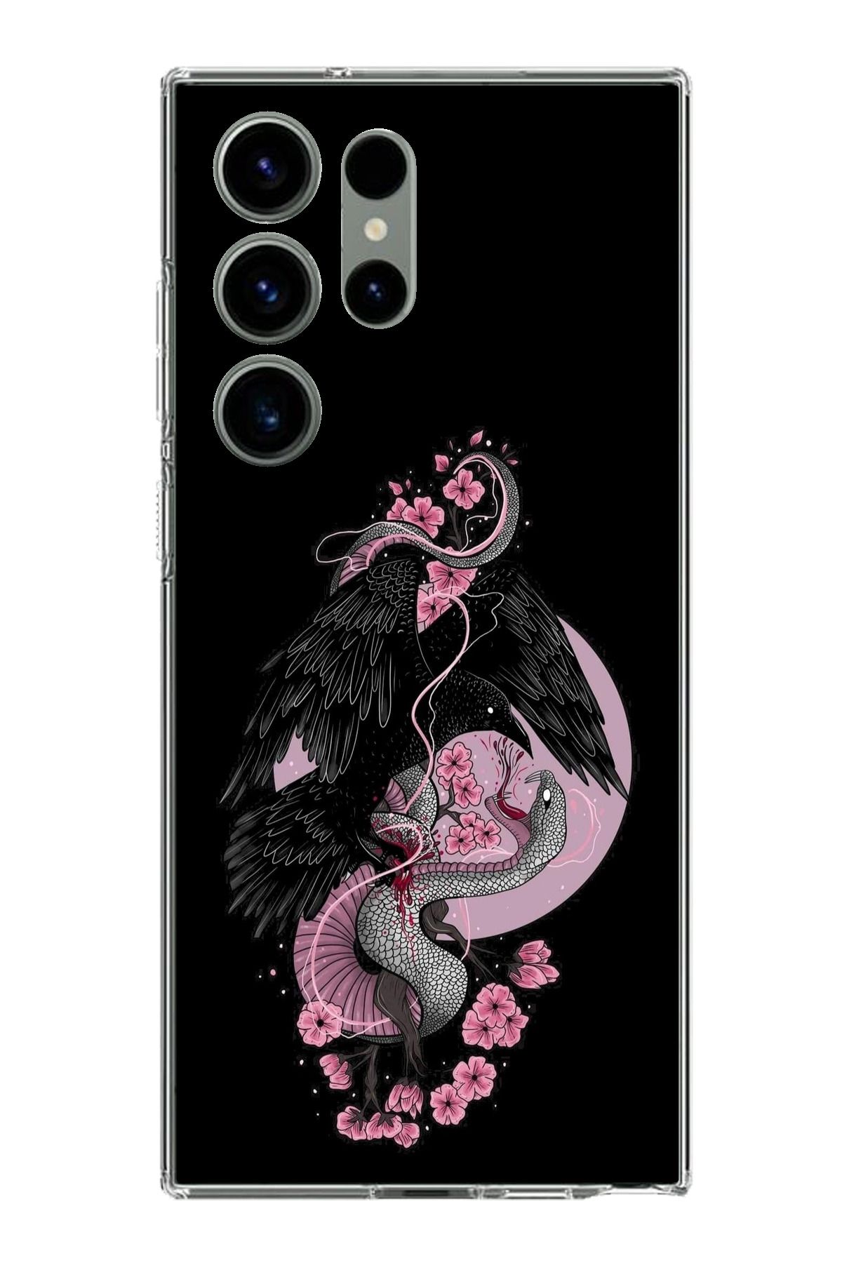 TechTree Samsung Galaxy S23 ULTRA Uyumlu Pembe Siyah Yılan Şeffaf Silikon Kılıf