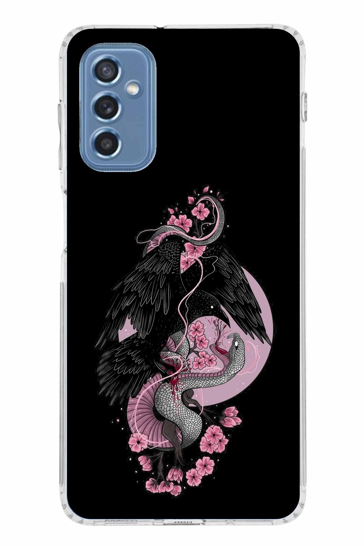 TechTree Samsung Galaxy M52 Uyumlu Pembe Siyah Yılan Şeffaf Silikon Kılıf