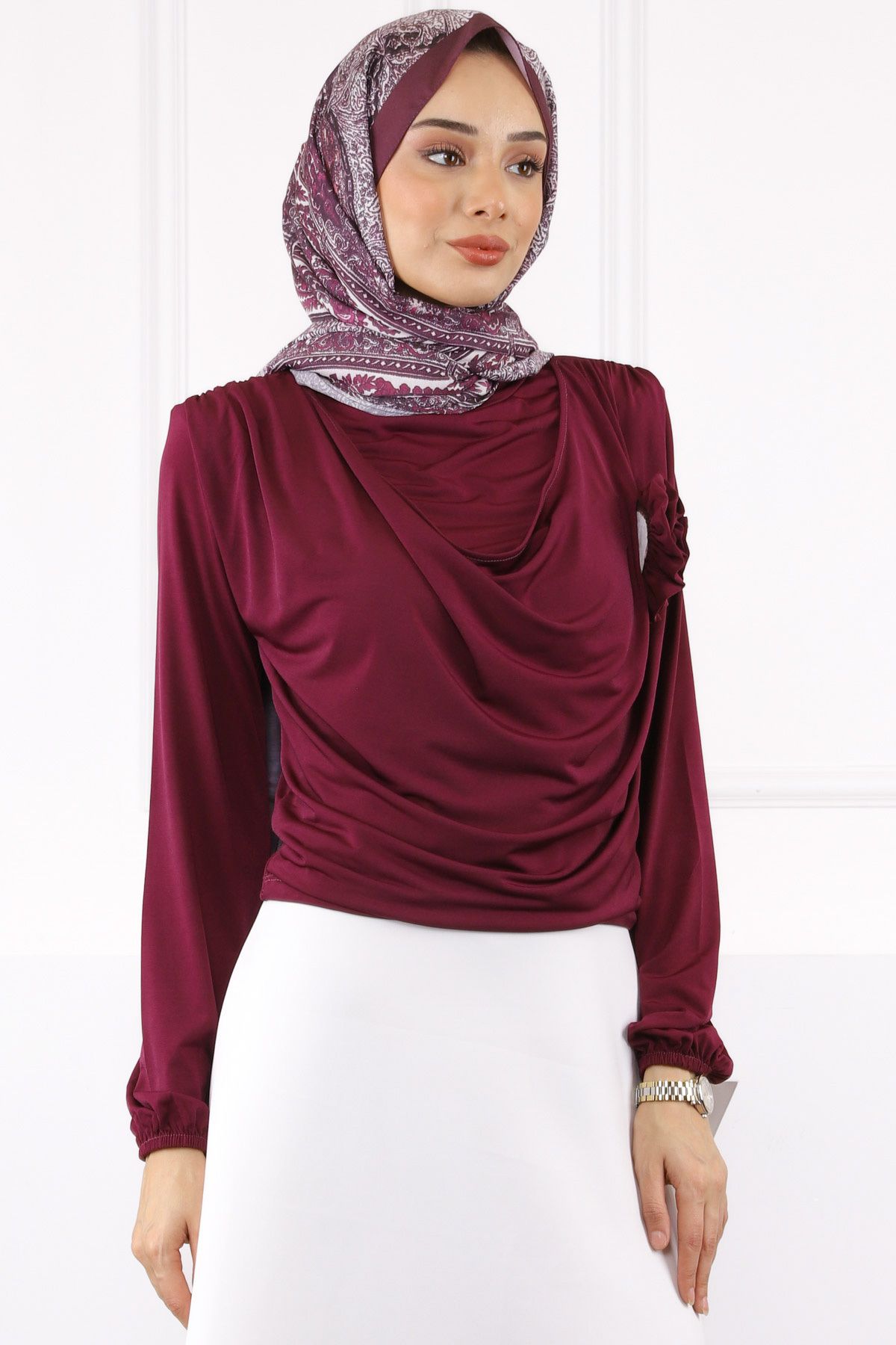 İmajButik Mürdüm Gül Aksesuarlı Sandy Bluz