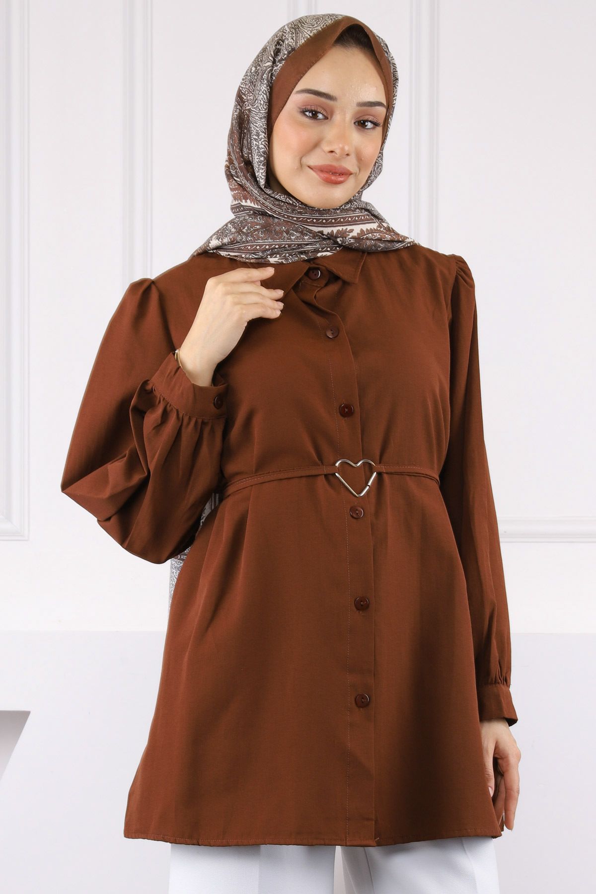 İmajButik Kahverengi Kuşaklı Düğmeli Gömlek