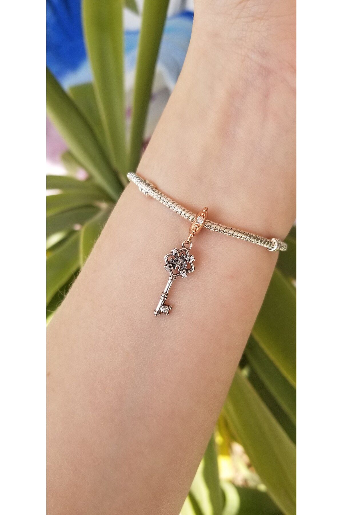 şengül takı evi Gümüş Ve Rose Şato Anahtar Charm Moments Bilekliklere Uyumlu
