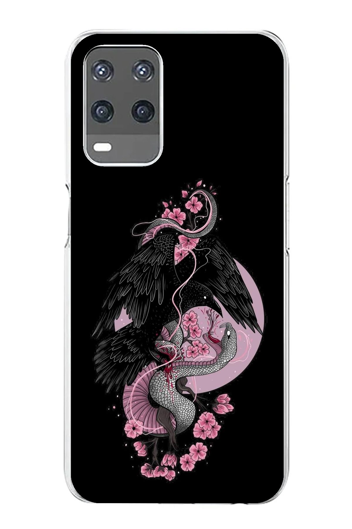 TechTree Oppo A54 Uyumlu Pembe Siyah Yılan Şeffaf Silikon Kılıf