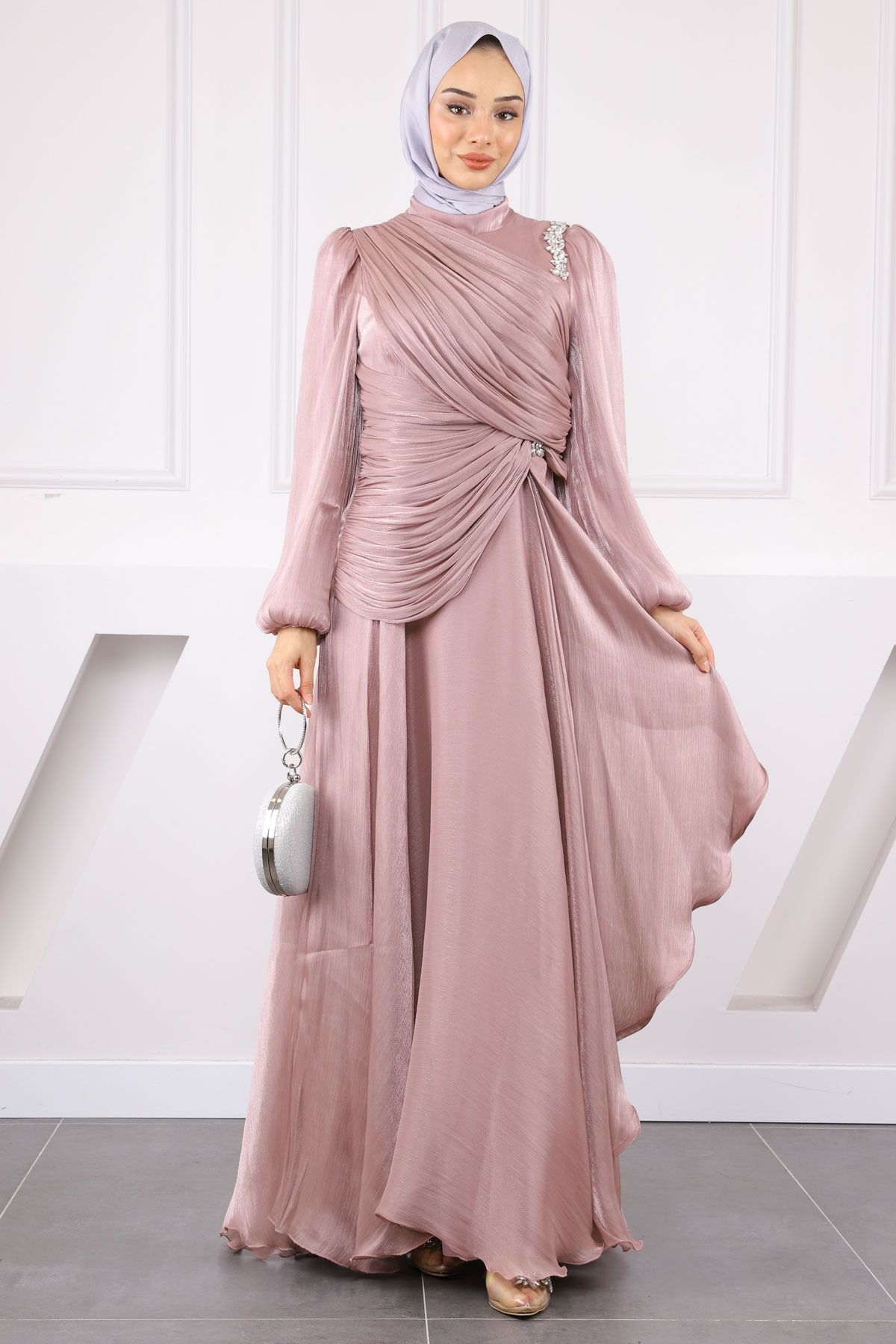 İmajButik Gül Kurusu Taşlı Drapeli Şifon Abiye