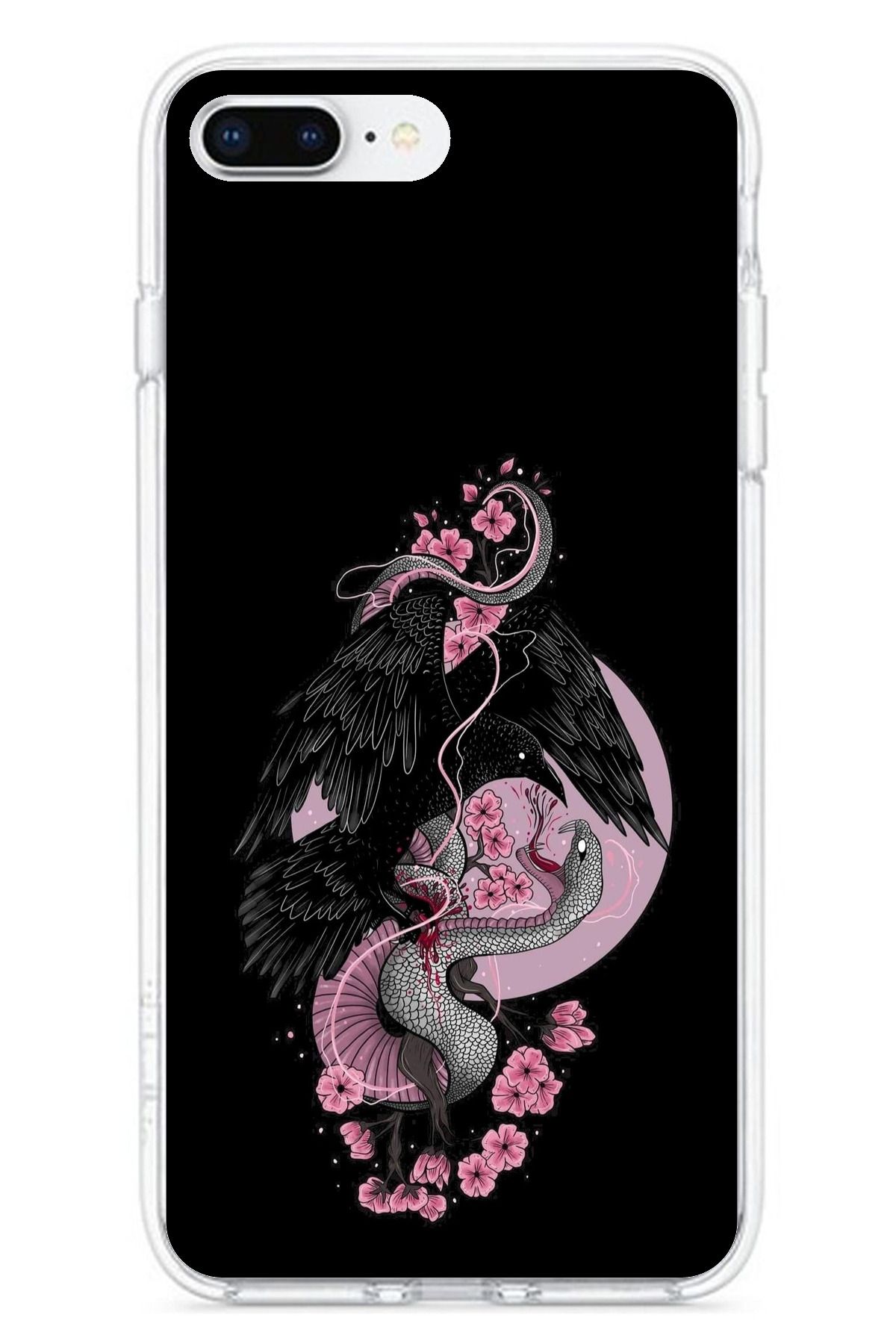 TechTree iPhone 7 PLUS / 8 PLUS Uyumlu Pembe Siyah Yılan Şeffaf Silikon Kılıf