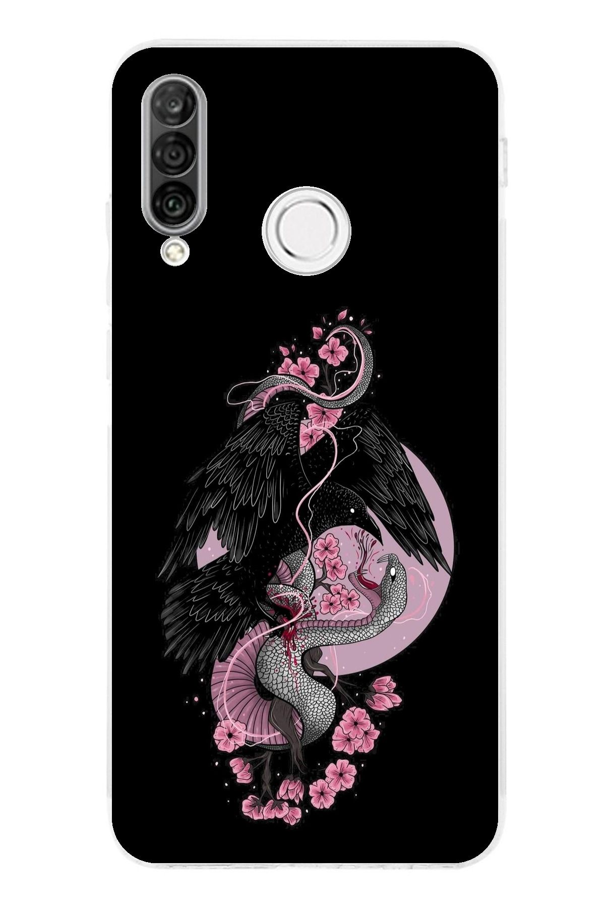 TechTree Huawei P30 Lite Uyumlu Pembe Siyah Yılan Şeffaf Silikon Kılıf