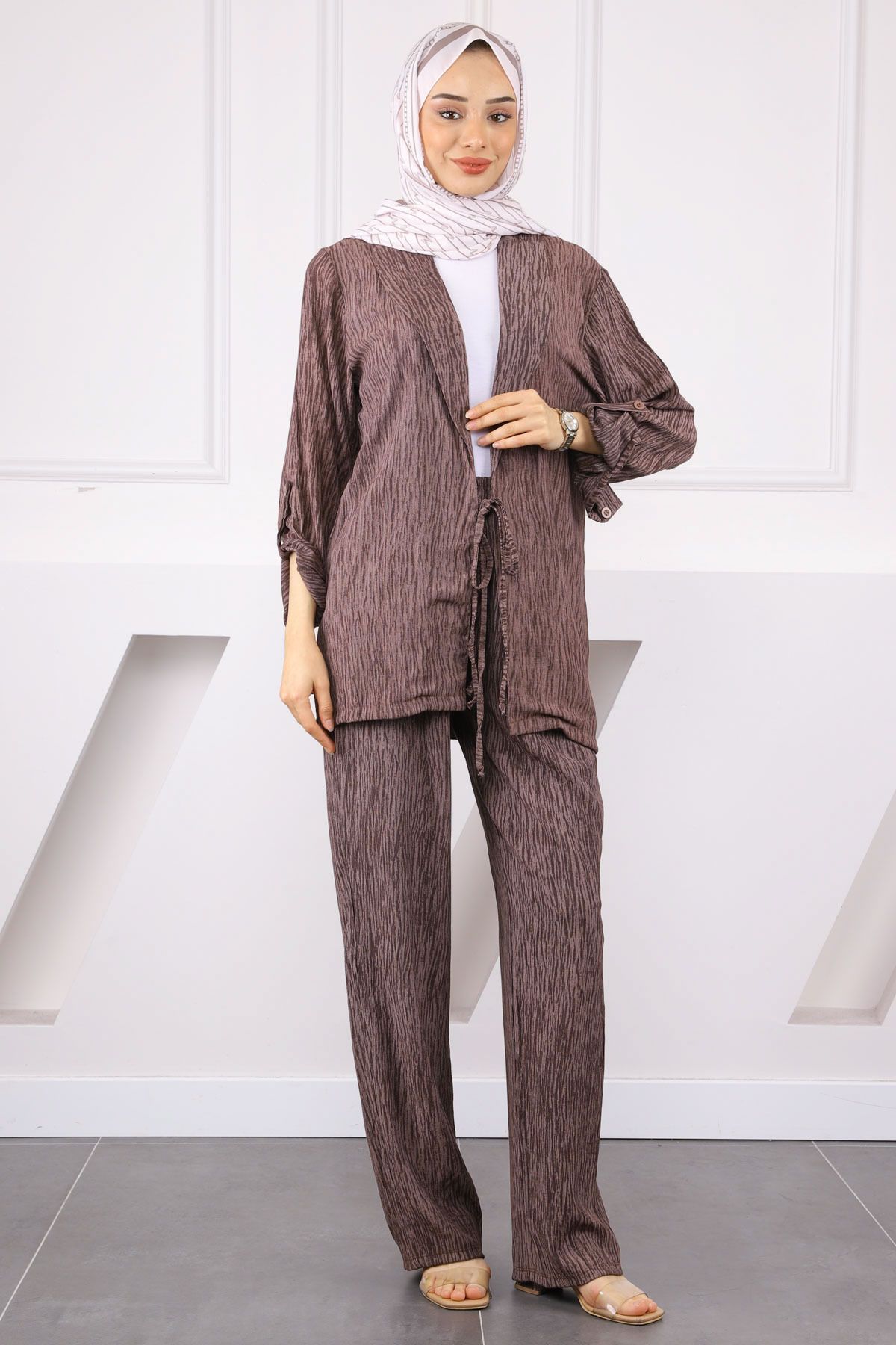 İmajButik Vizon Ön Bağlamalı Kimono Pantolonlu Takım