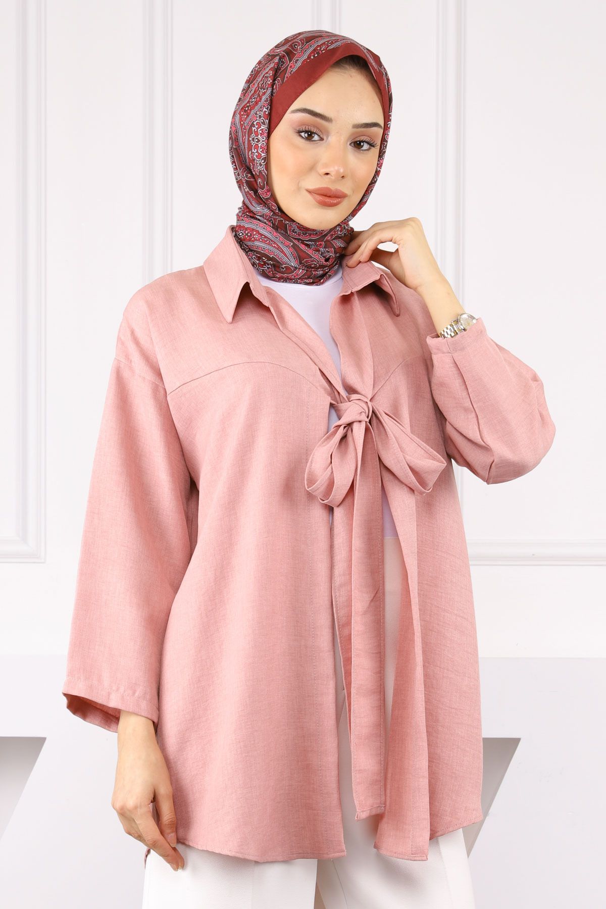 İmajButik Gül Kurusu Ön Bağlamalı Kimono