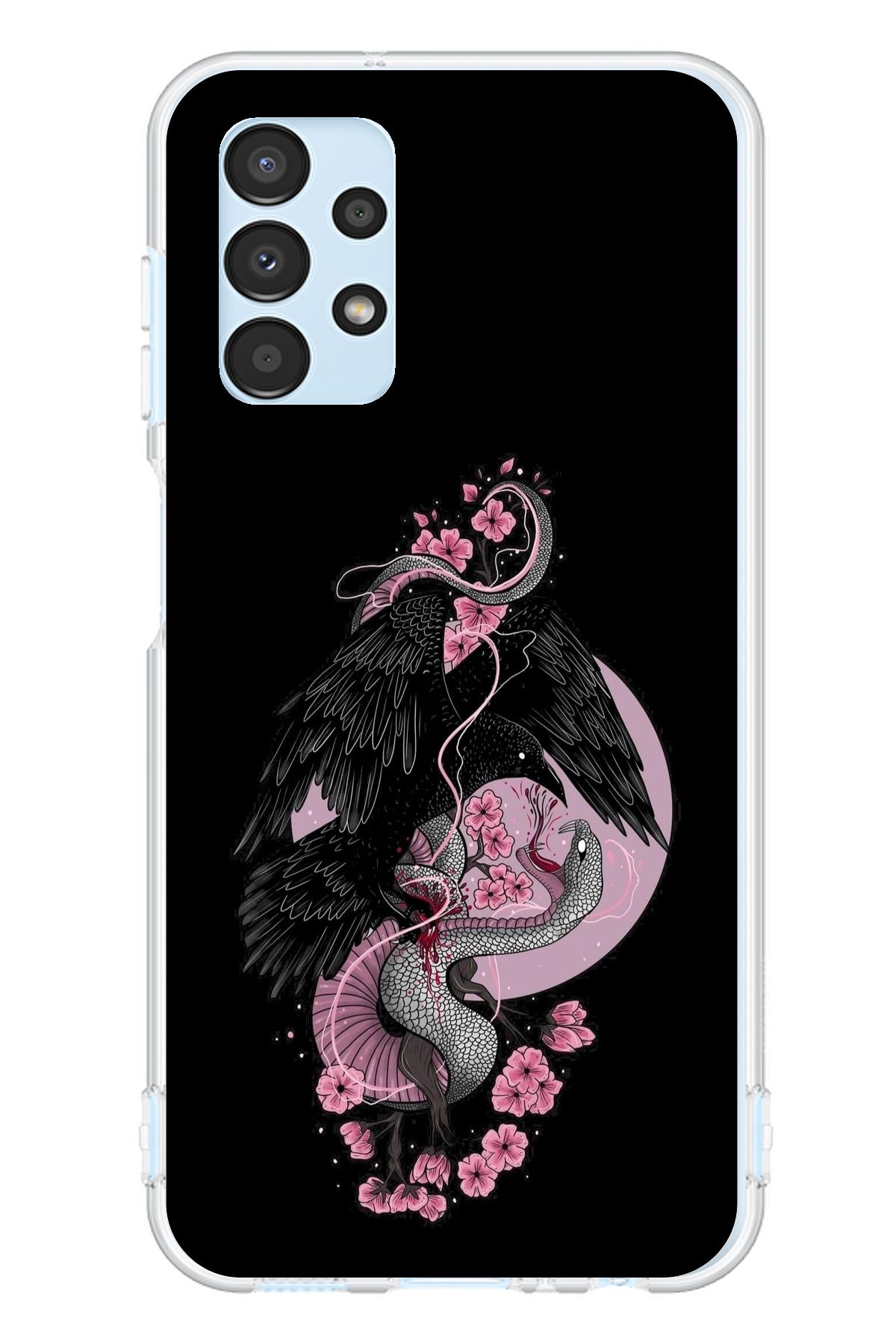 TechTree Samsung Galaxy A13 Uyumlu Pembe Siyah Yılan Şeffaf Silikon Kılıf