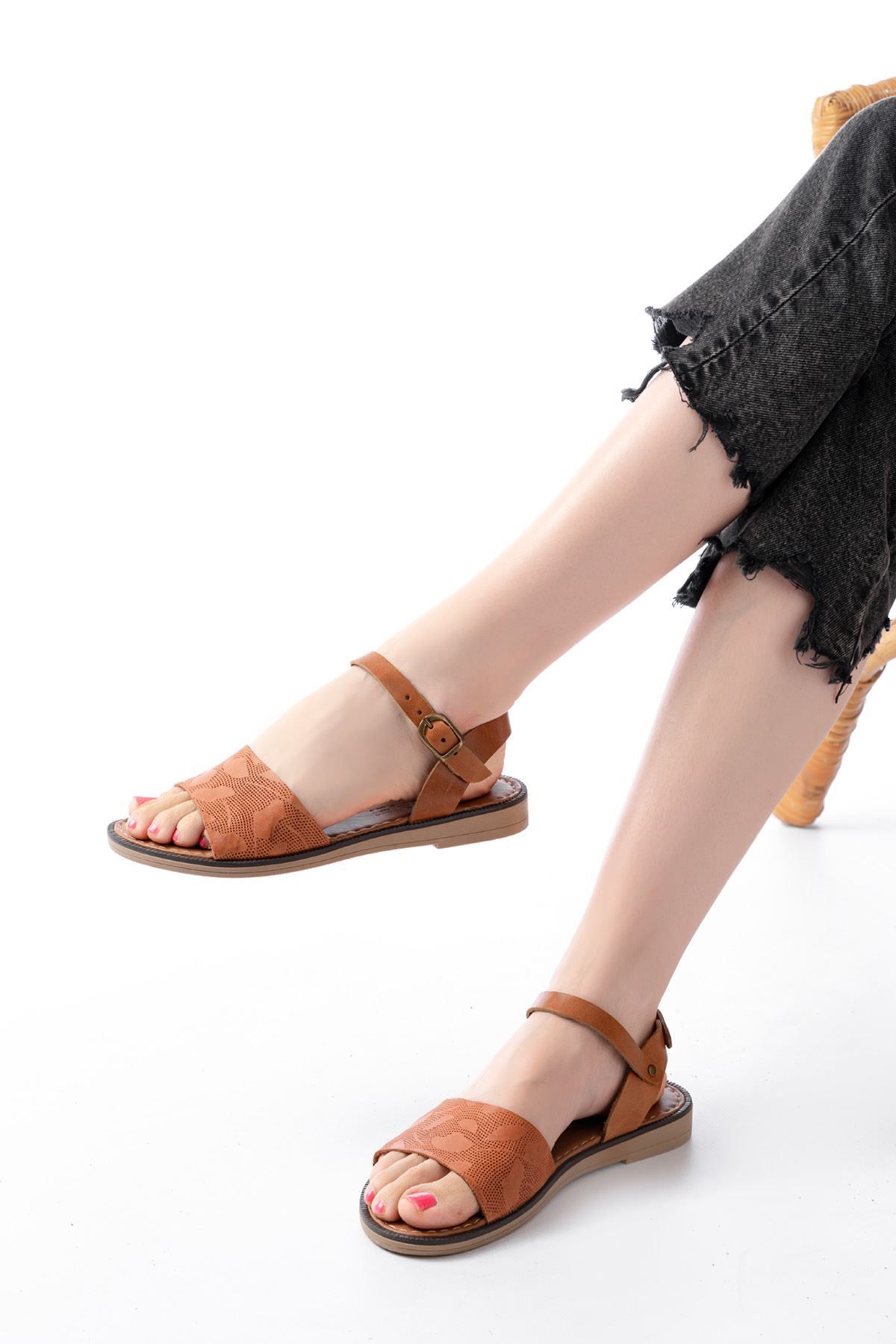 infon shoes creation 205-012 Taba Ortopedik Hakiki Deri Kadın Sandalet