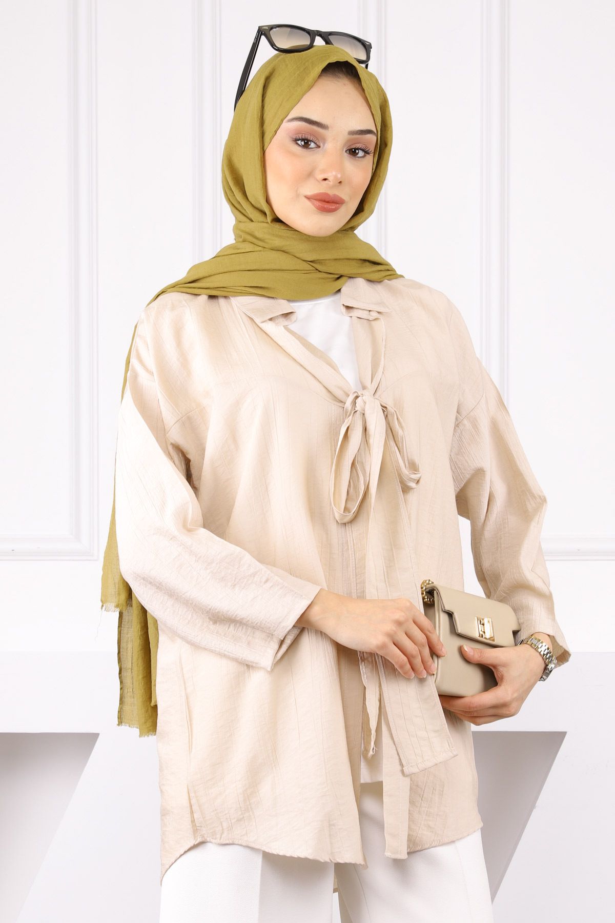 İmajButik Bej ÖnBağlamalı İçlikli Kimono 2'li Takım