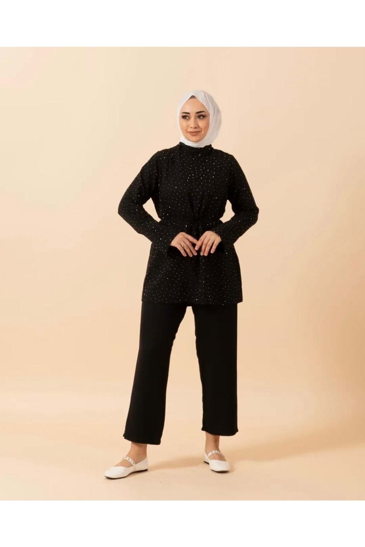 Rumella 25Y4296 TAKIM TUNİK PANTOLON , TUNİK TAMAMI TAŞLI - RUMELLA - 25Y4296 - SİYAH - 44