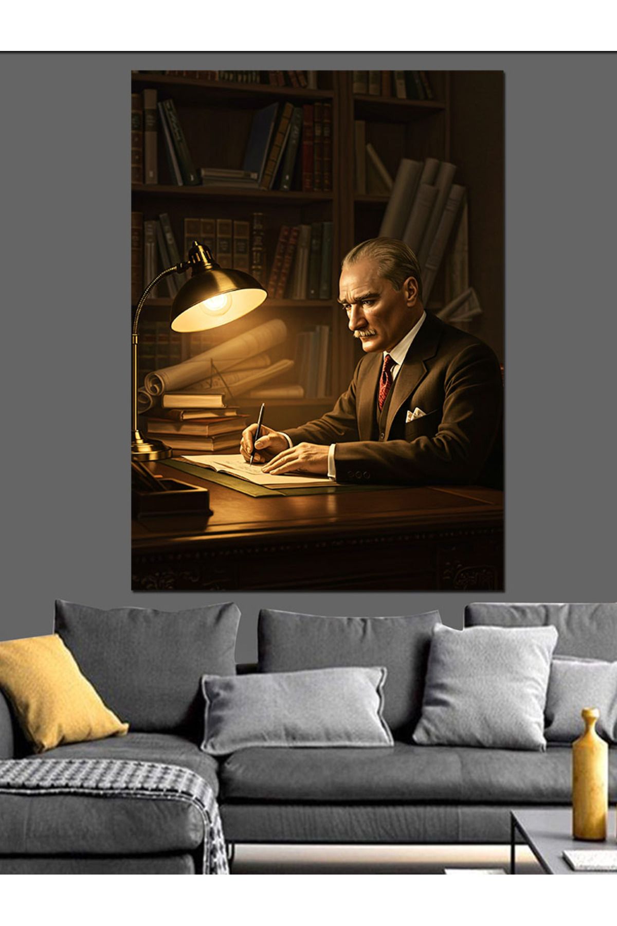 Tablomega Masanın Başında Mustafa Kemal Atatürk Dekoratif Kanvas - Mdf Ahşap Tablo