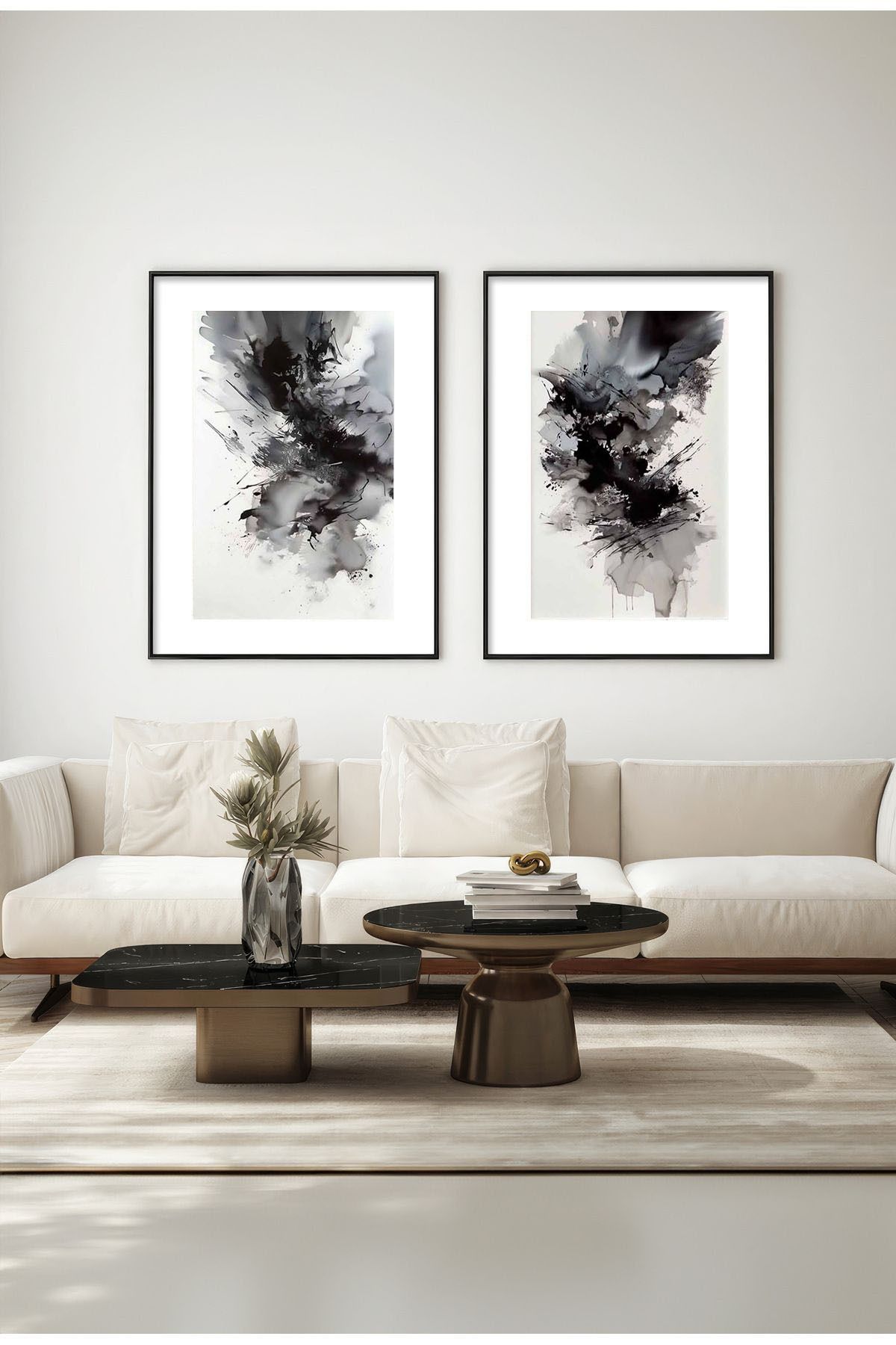 Artte Ahşap Çerçeveli Modern Siyah Gri Soyut 2’li Tablo Seti