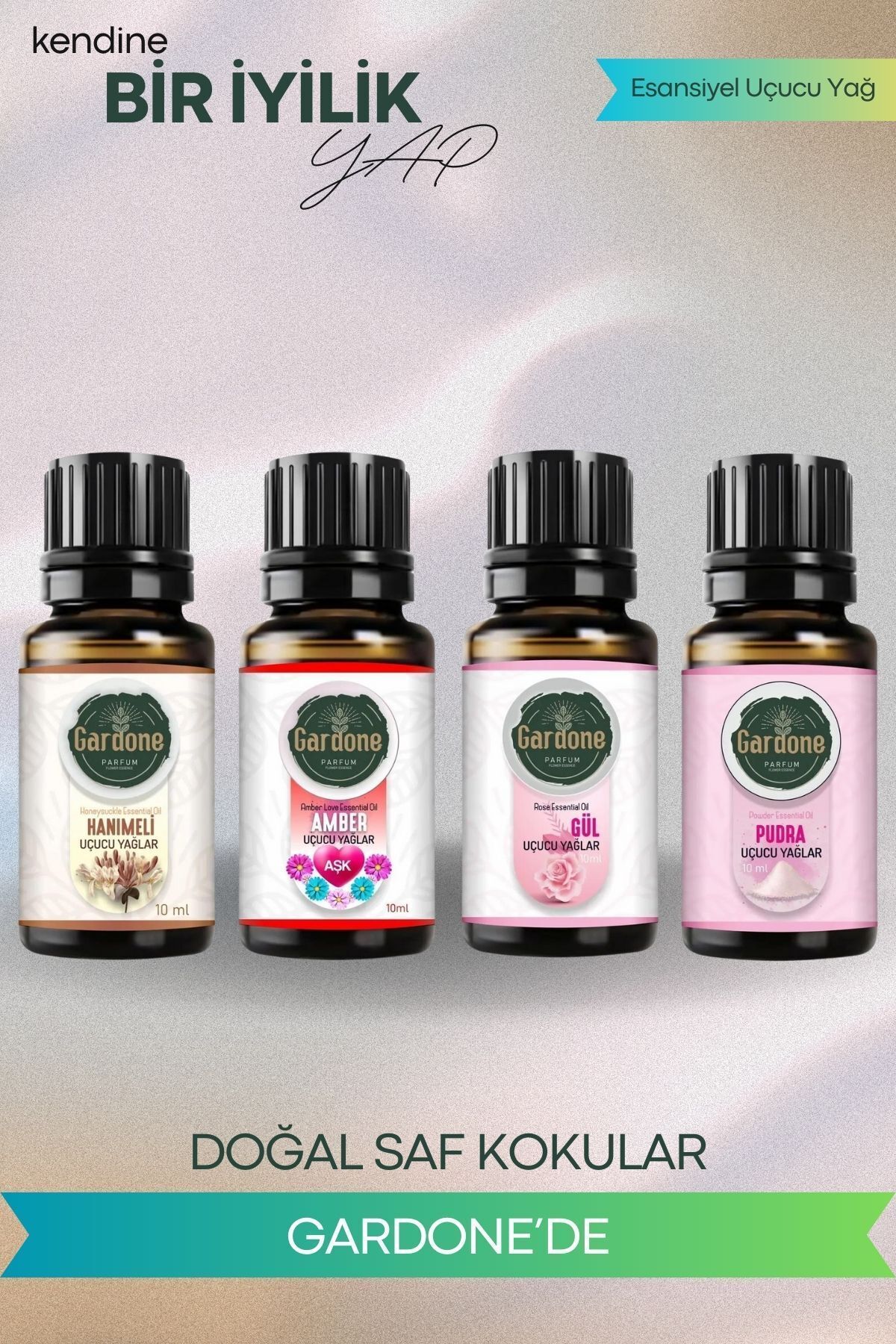 Gardone Dörtlü Set, Uçucu Yağ, Doğal Uçucu Yağ, Oda Kokusu, Esansiyel Yağ 10ml Grd Hanımeli Amber Pudra Gül