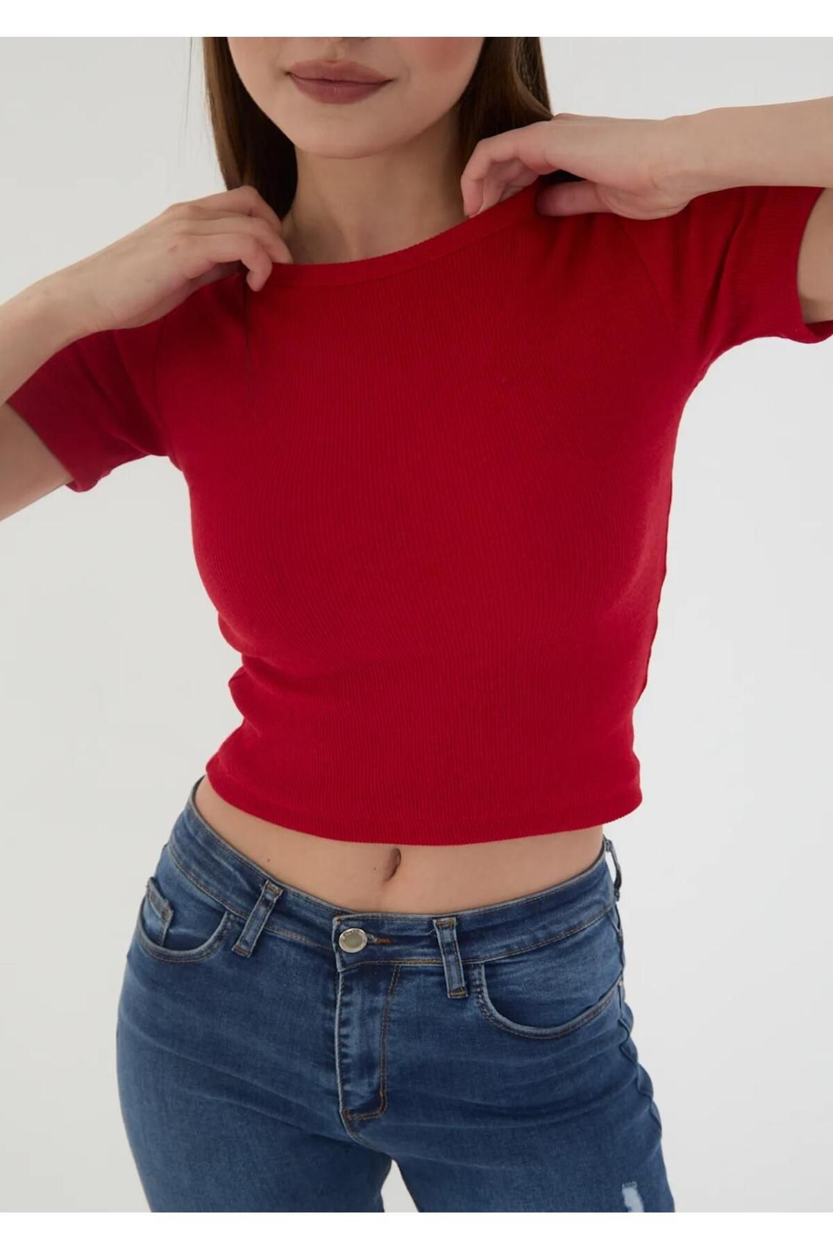 SWALORA SLAWORA Kadın Bisiklet Yaka Fitilli Kısa Kol Body Crop Bluz