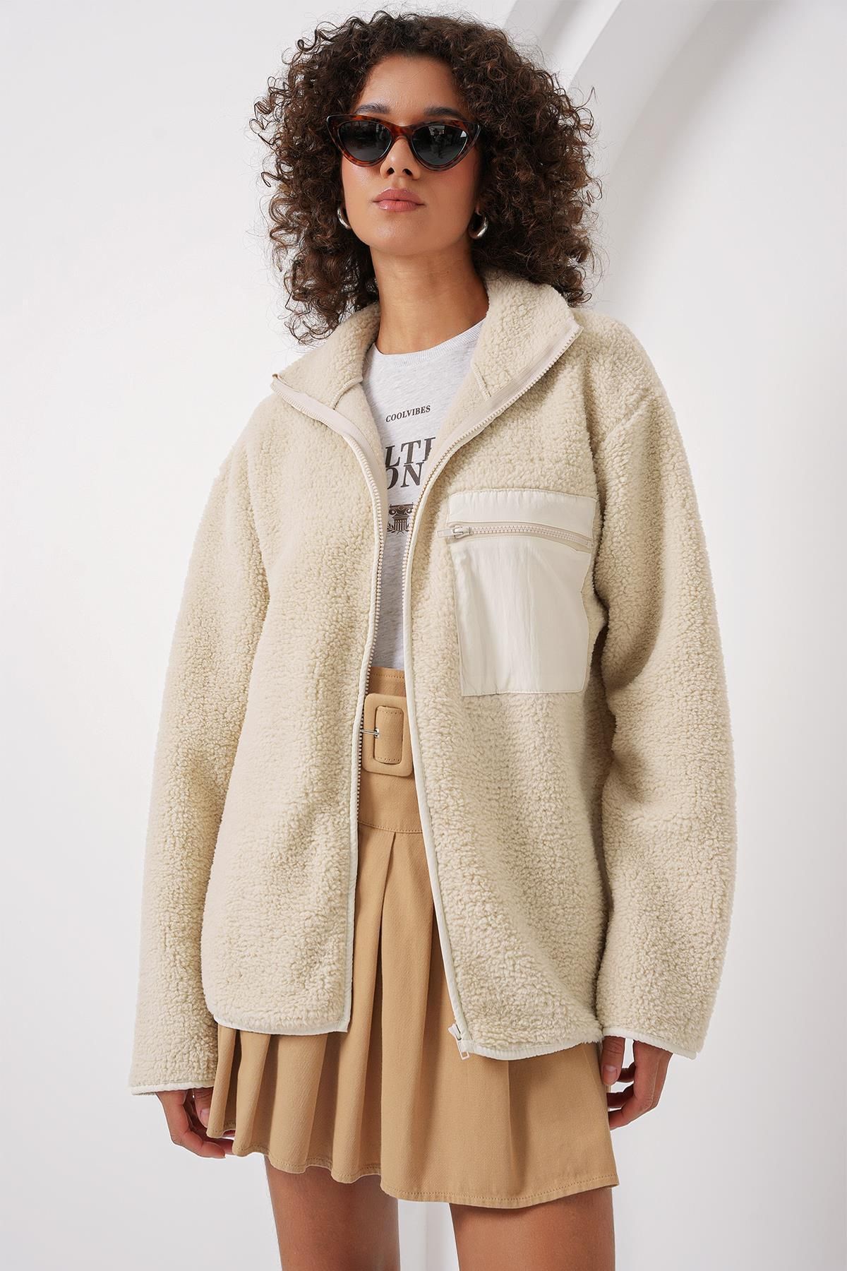 MODAMAİSA Fermuarlı Oversize Peluş Ceket Mont - Krem