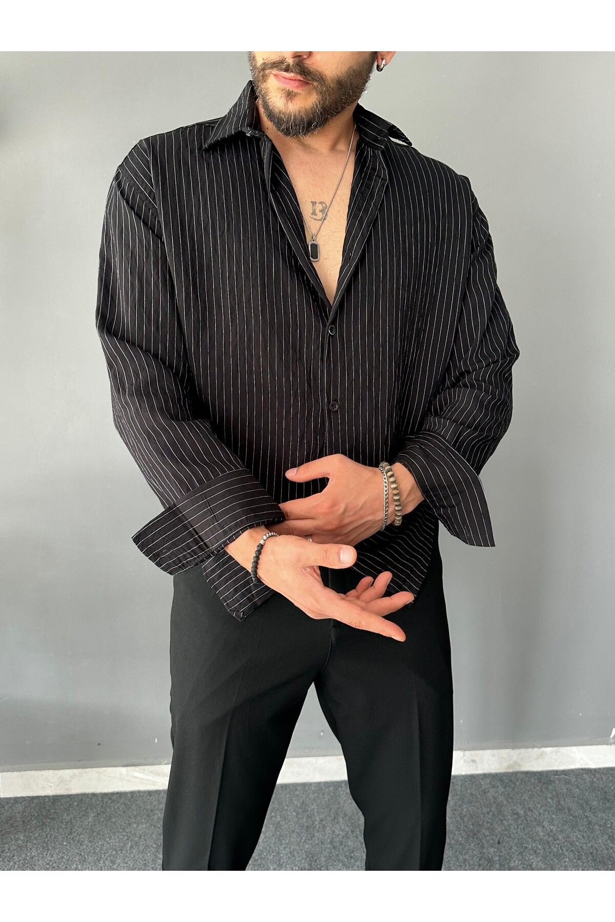 THEMANN İnce Çizgili Modal Kumaş Siyah Oversize Gömlek