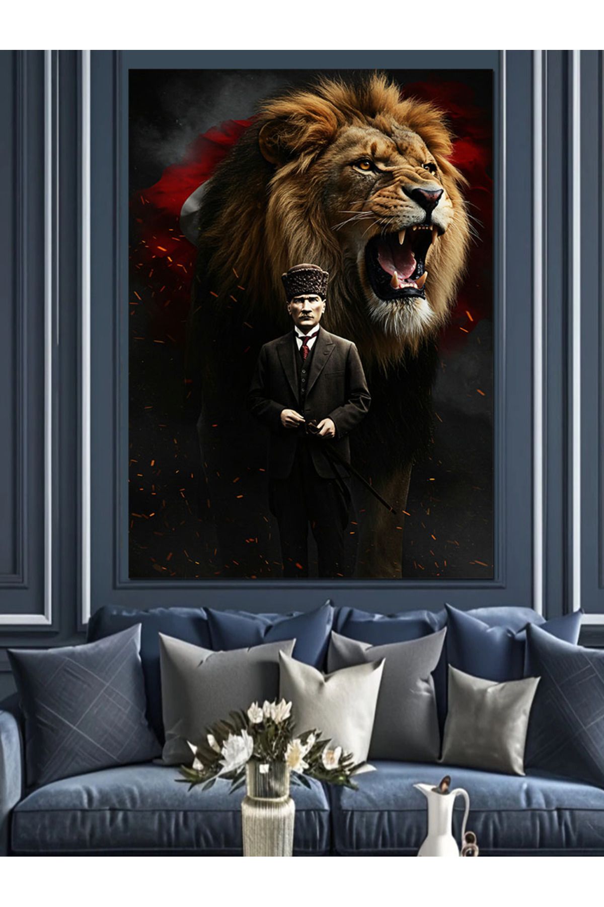 Tablomega Mustafa Kemal Atatürk Ve Aslan Dekoratif Kanvas - Mdf Ahşap Tablo