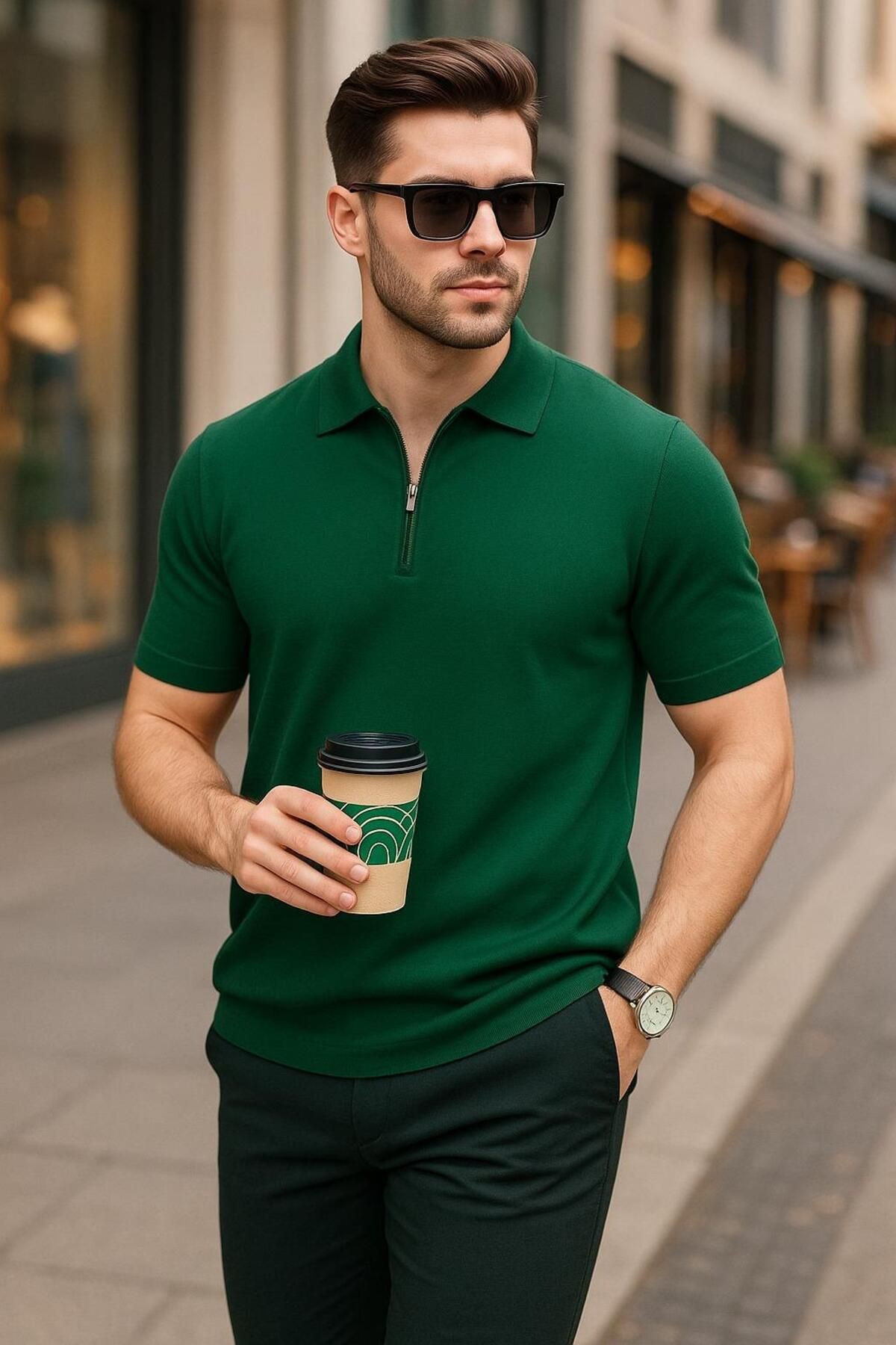 ribana Erkek Polo Yaka Fermuarlı Triko T-shirt