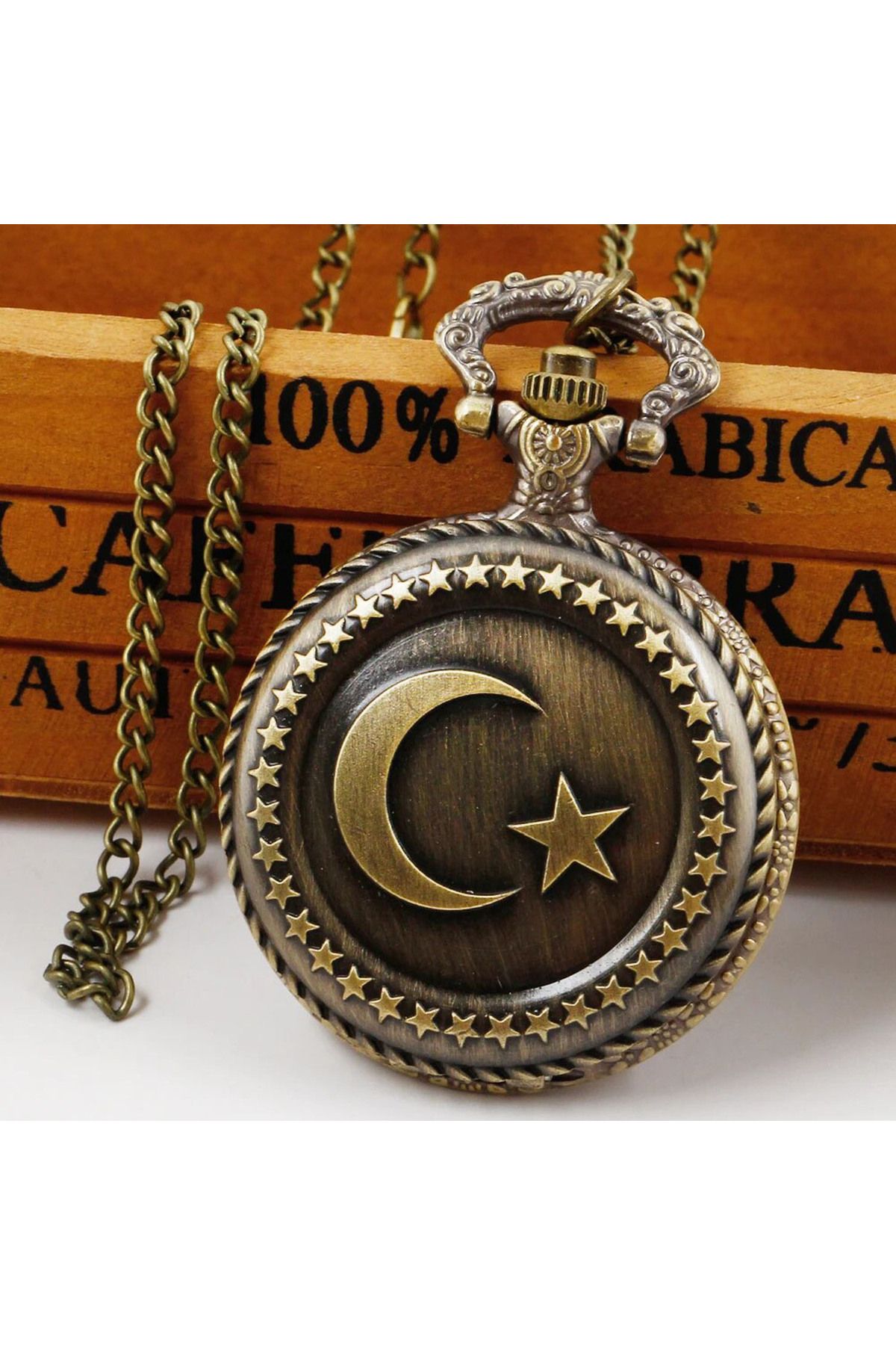 Forzacase Retro Vintage Özel Ay Yıldız İşlemeli Türk Bayraklı Köstekli Cep Saati - FC1048