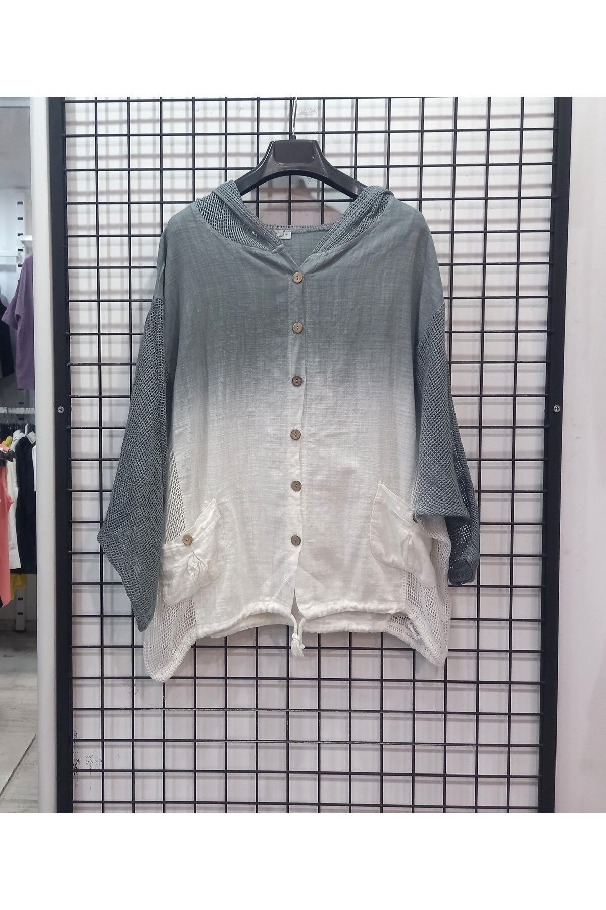 Butik Şans Kapüşonlu File Detaylı Cepli İki Renkli Gömlek Ceket