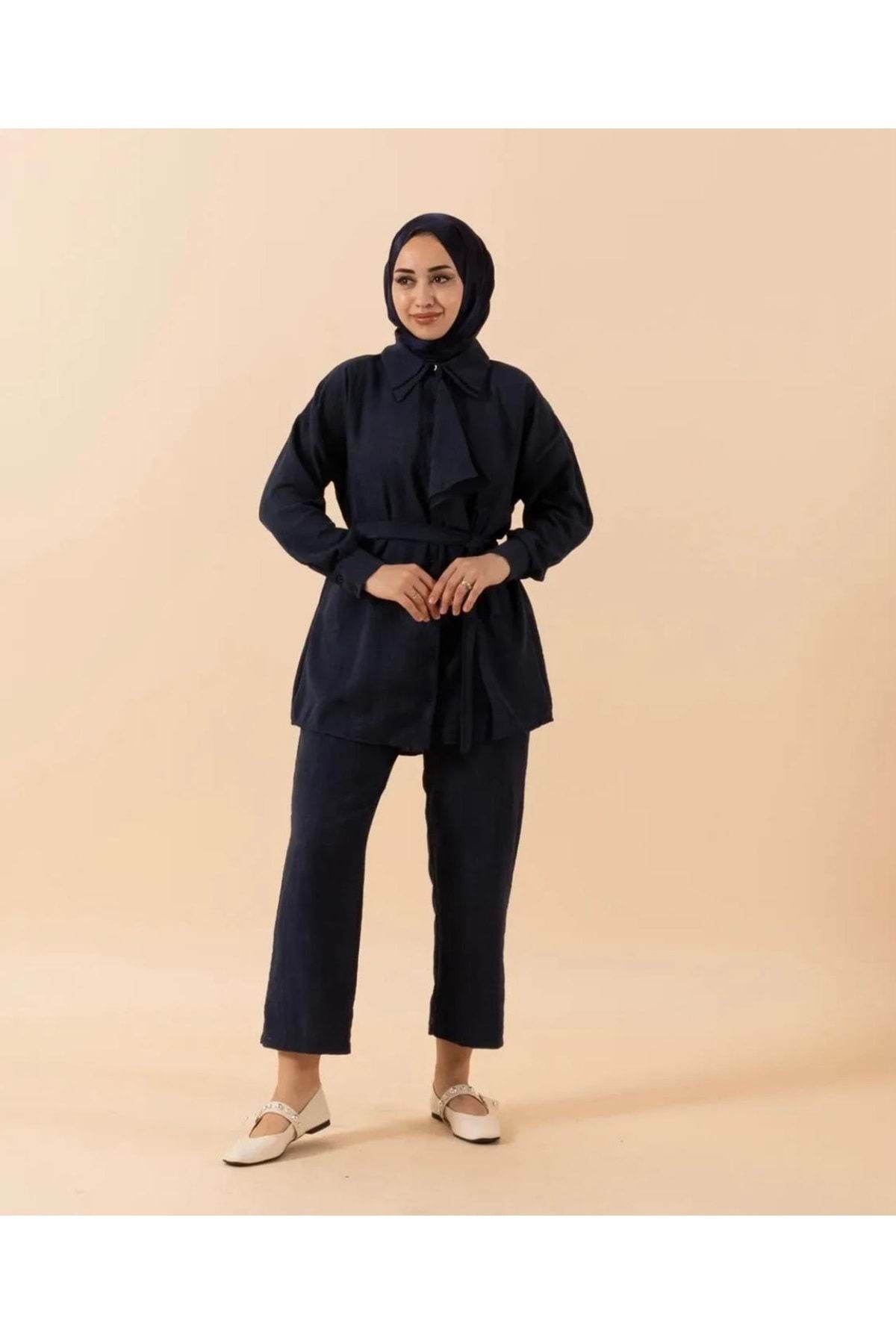 Rumella 25Y4299 TAKIM TUNİK PANTOLON ÇİFT GÖMLEK YAKA BEL KUŞAKLI - RUMELLA - 25Y4299 - LACI - 36