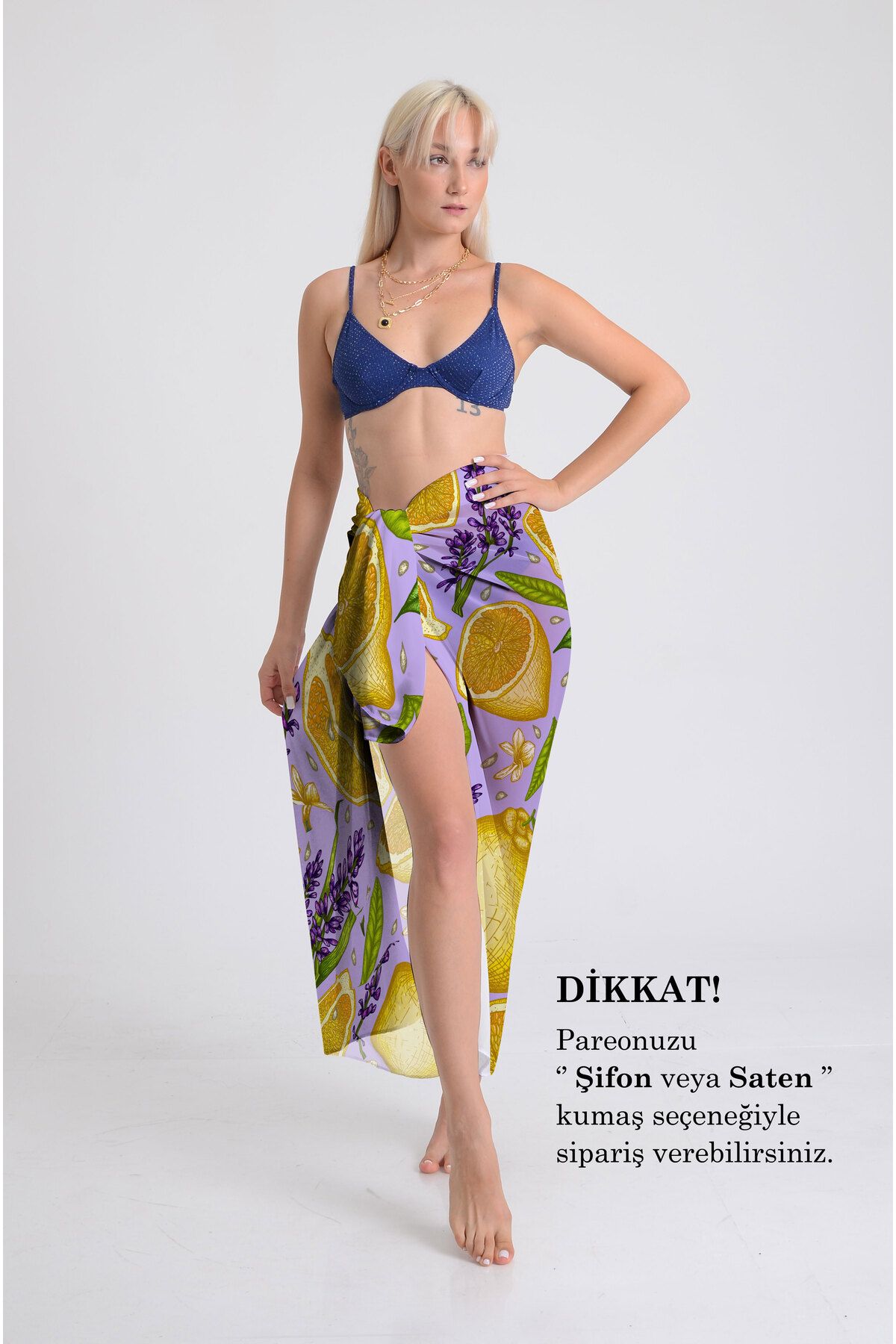DESENİX Lavanta ve Limon Desenli Pareo - 100x145 cm - İpeksi Şifon & Lüks Saten Kumaş Seçeneği - Plaj Elbise