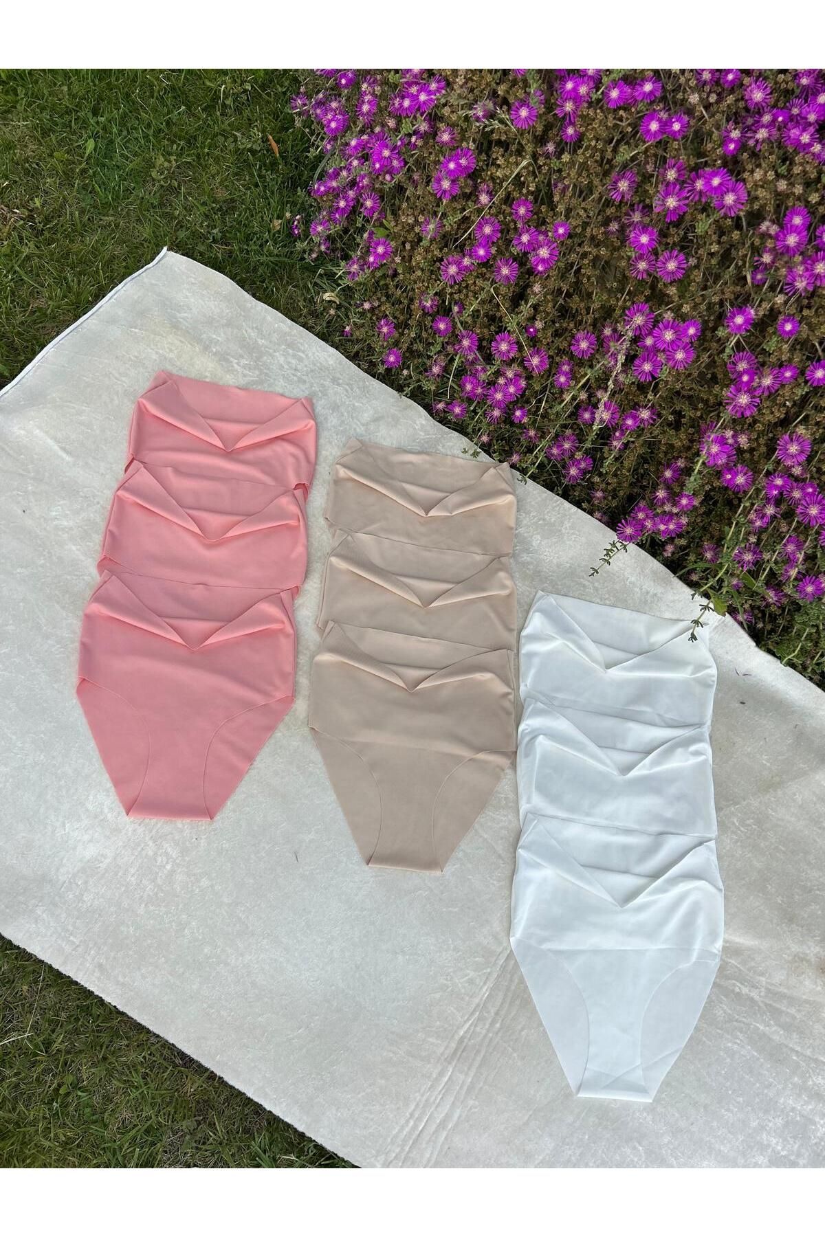 BERBUR STORE 9lu paket Lazer Kesim dikişsiz külot bejbeyazpudra
