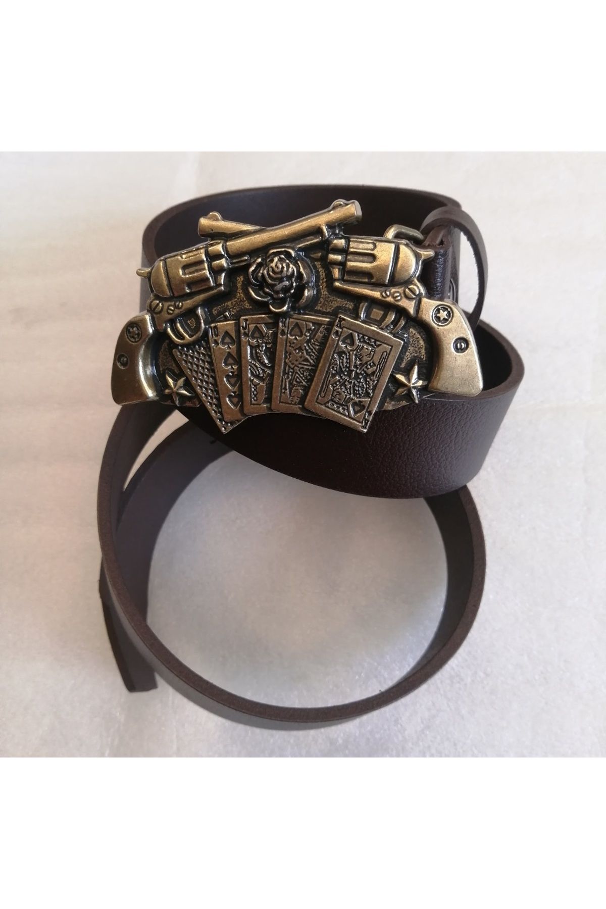 Butik Tülin Unisex otantik hakiki dana derisi kahve bronz maça floş royal çift colt kovboy tokalı kemer Tayland