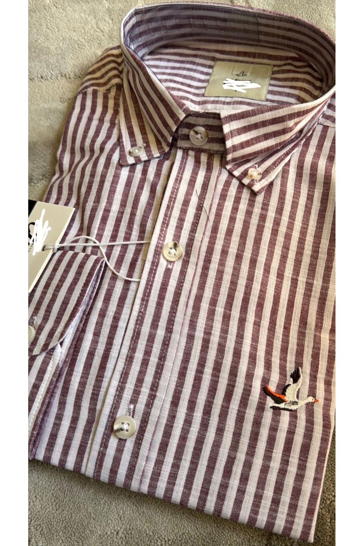 Marka Butikmayamoda Orijjnal Marka Pamuk Keten Bordo Cizgili Comfort Fit Gomlek