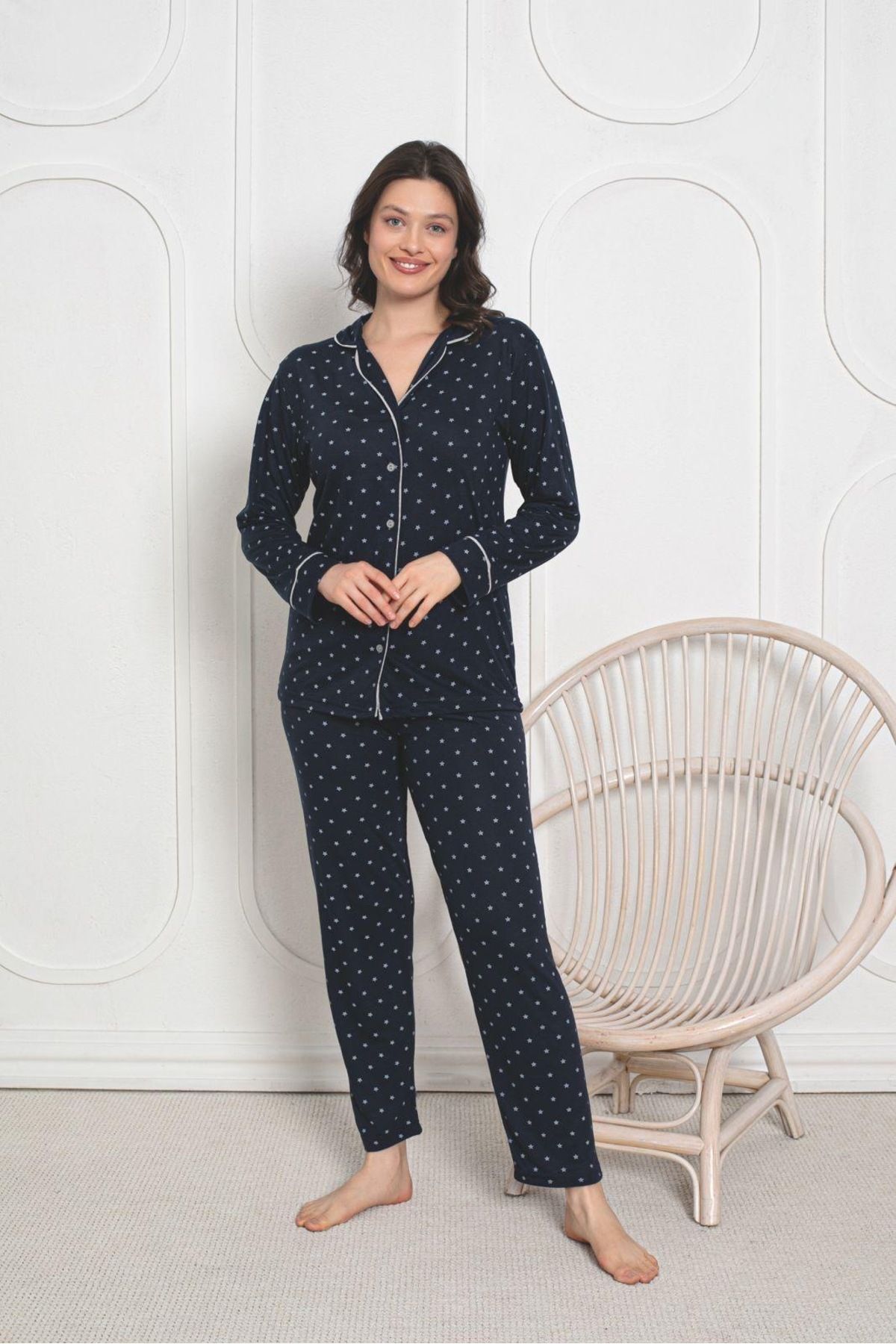 Poji Home Kadın Uzun Kollu Yıldızlı Pijama Takımı – %100 Pamuk