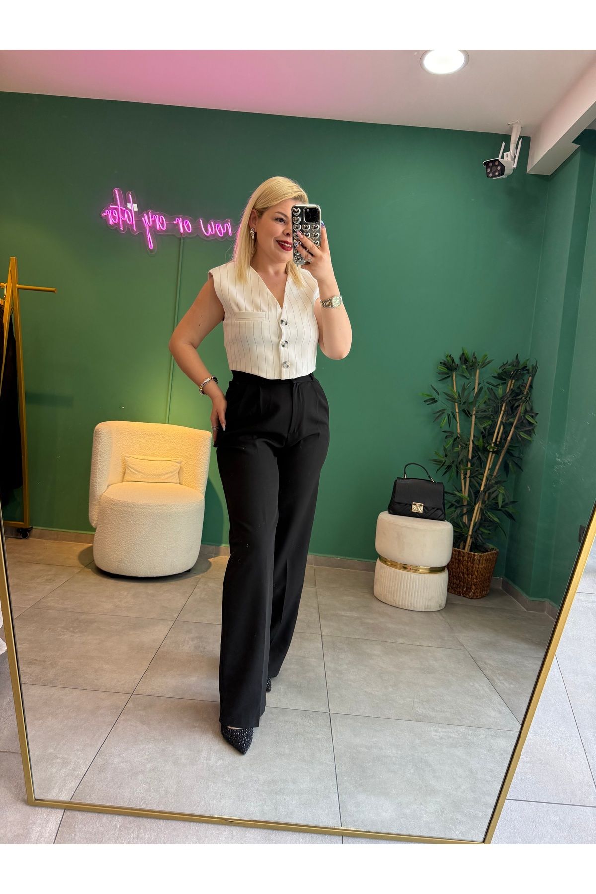 tuğba kumlu butik Çizgili Beyaz Vatkalı Yelek
