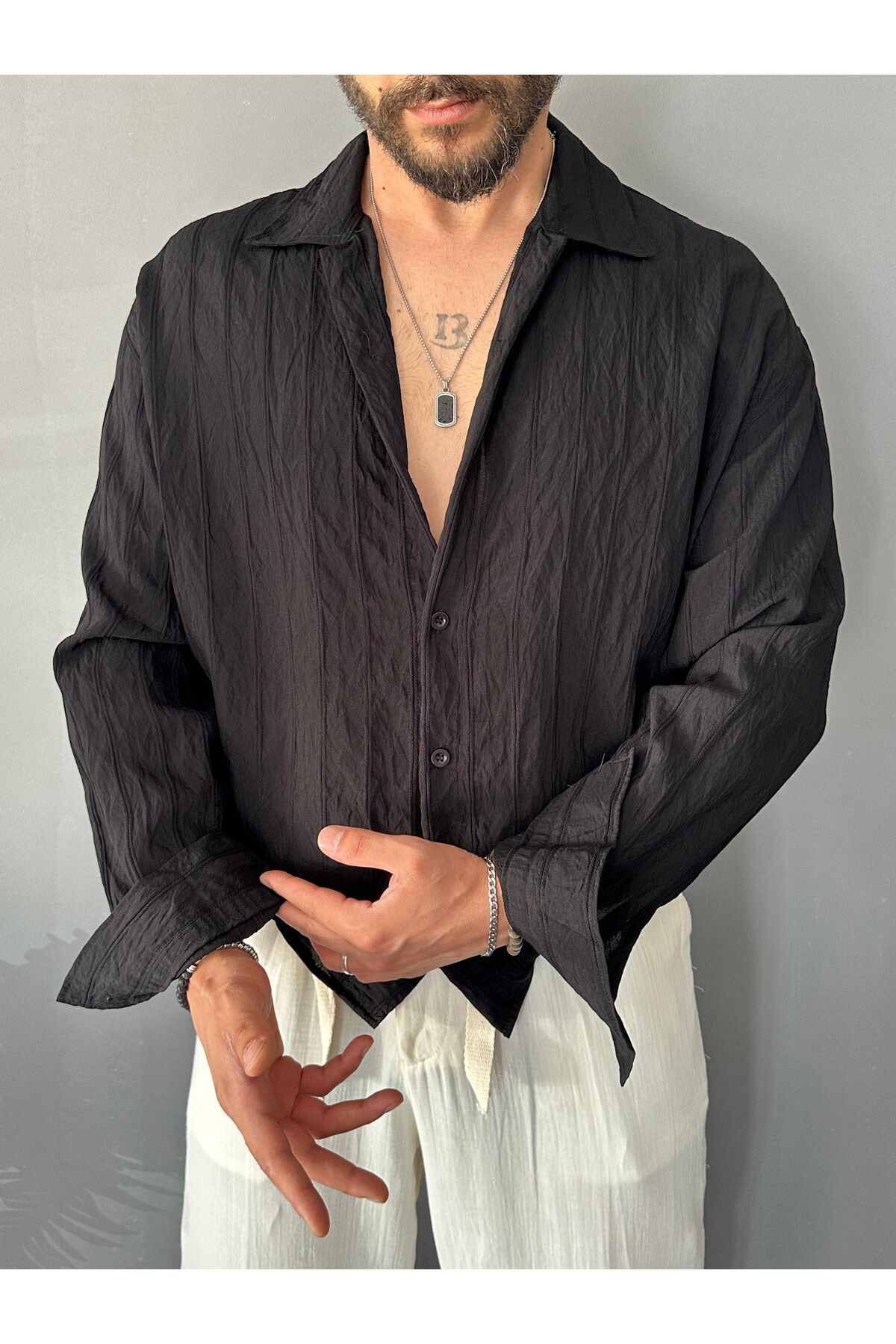 THEMANN Modal Kumaş Çizgili Siyah Oversize Gömlek
