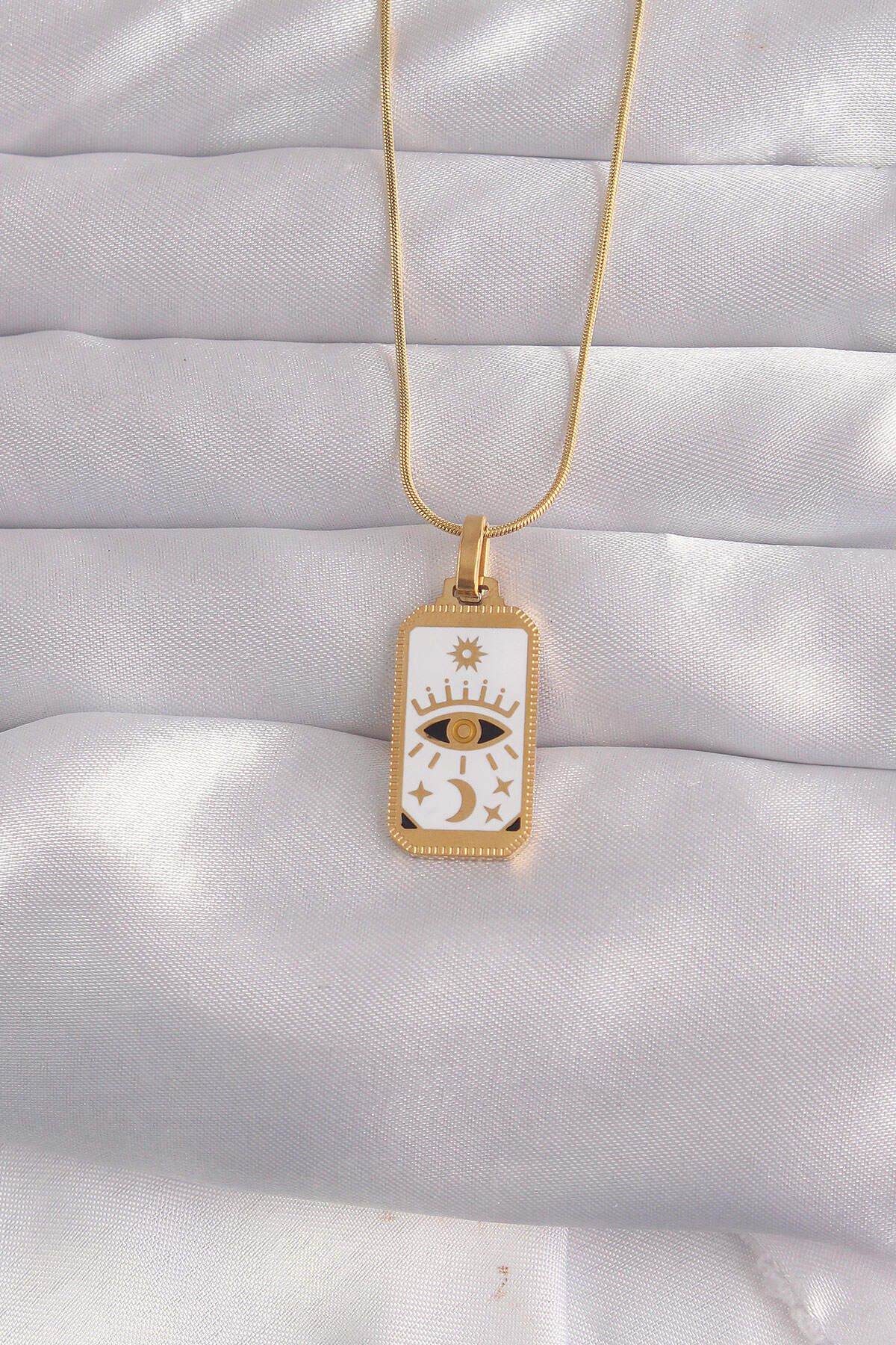 Clariss 316L Çelik Gold Renk Beyaz Mineli Göz Figür Tarot Kolye