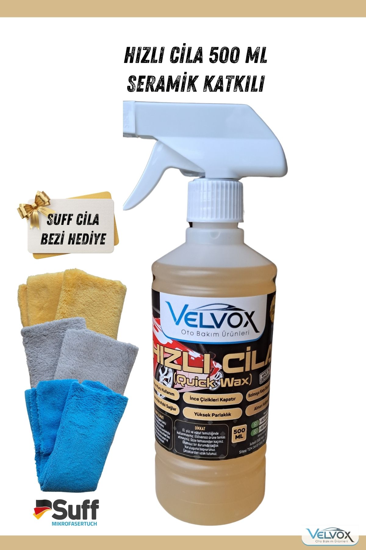VELVOX Hızlı Cila Seramik Katkılı 500 ml Sünger Hediye, Hızlı Cila, Oto Cila, Quick Wax