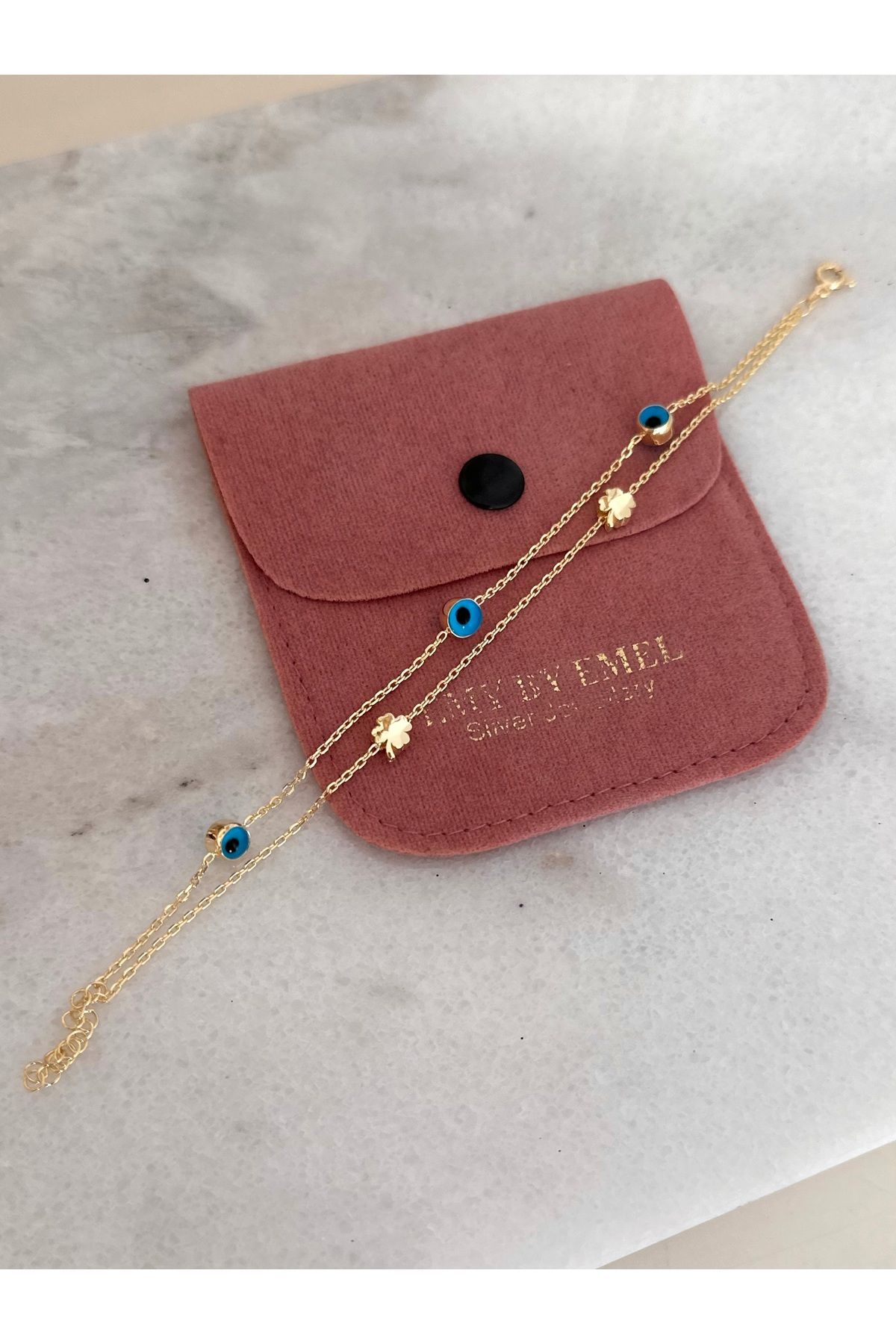 emy by emel luxury silver jewelry Altın Kaplama Çift Zincirli Yoncalı Nazar Bileklik 925 Ayar Gümüş