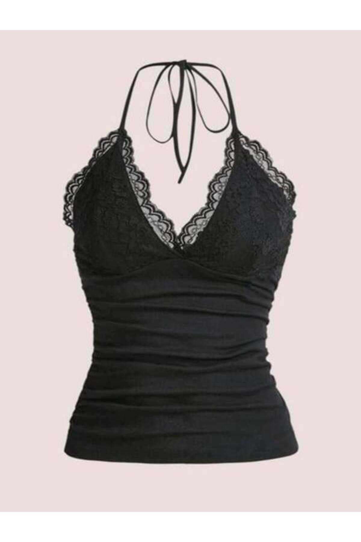 BALİNA Siyah Yeni Dantelli V Yaka Gothic Boyun Bağlamalı Full Body Crop THE SOLO