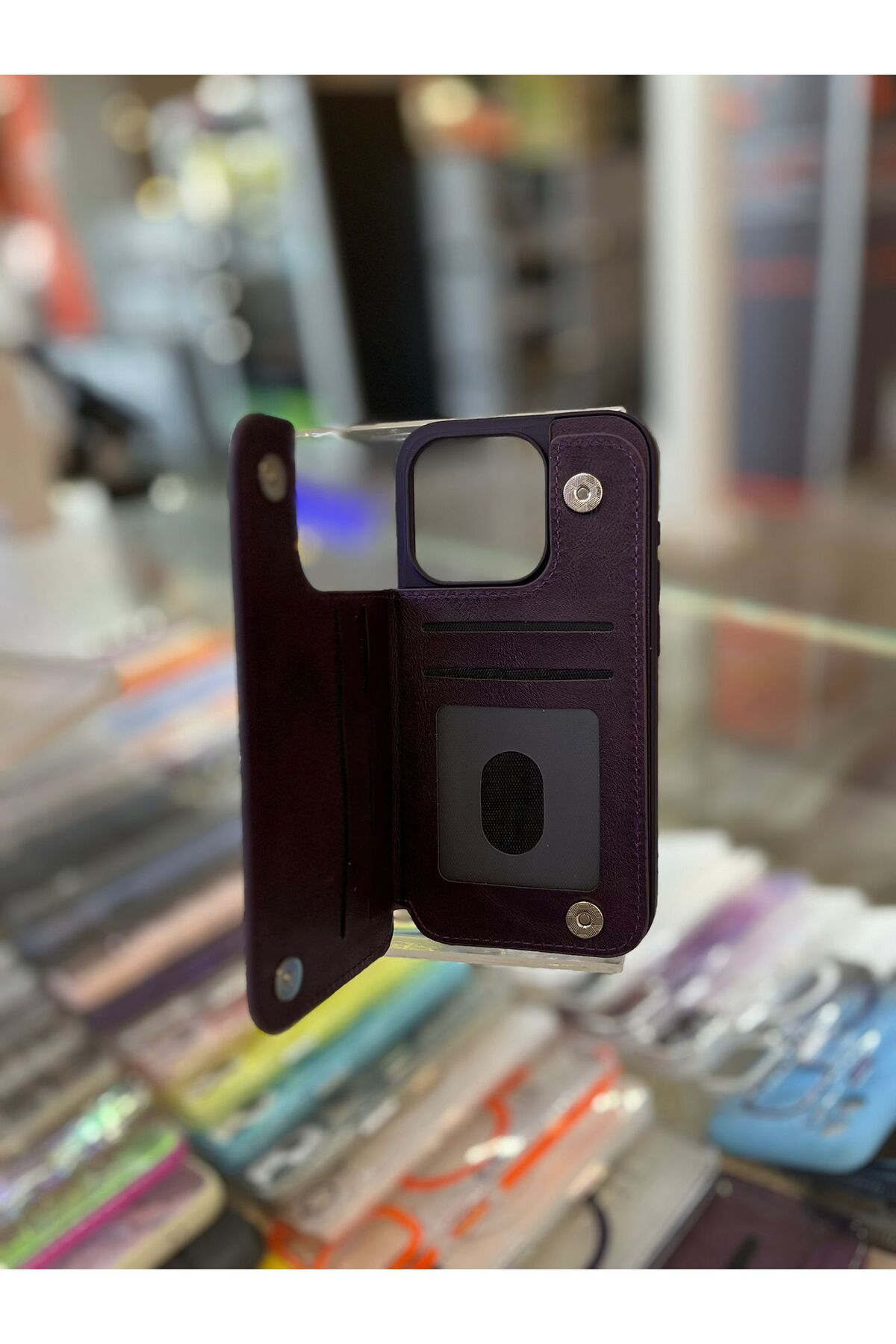 Goktugaksesuar iphone 15 Pro Uyumlu Deri Cüzdanlı Kılıf Premium Mor