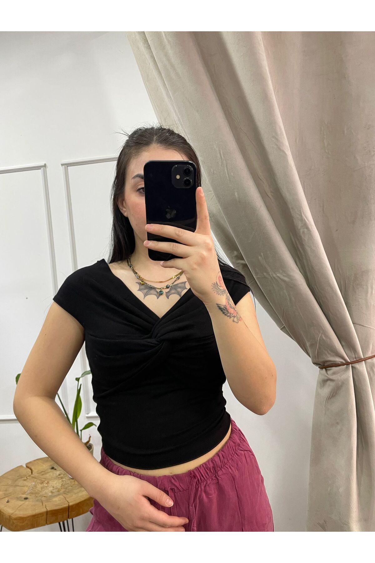 FASİON Kadın Kayık Yaka Madonna Düğüm Detaylı Crop Bluz