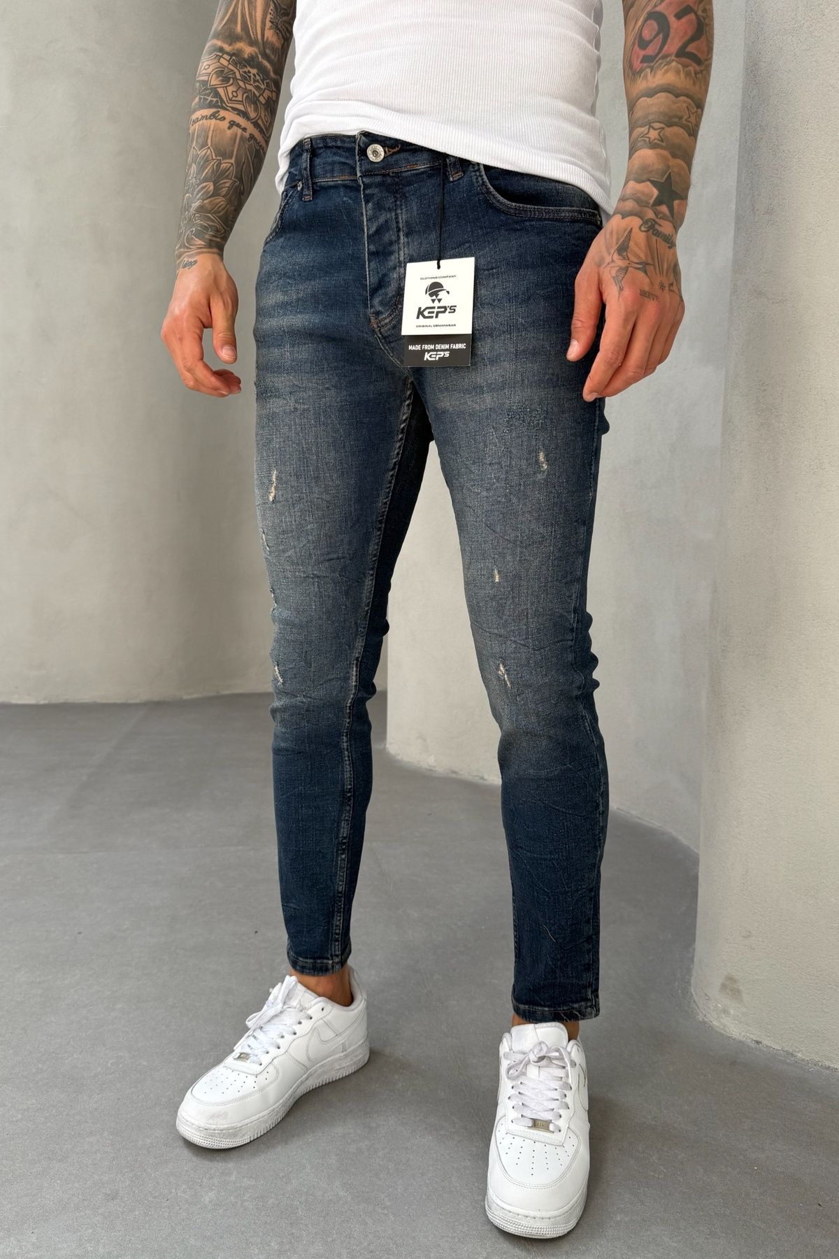 MADZEYMODA Slim Fit Dar Kesim Likralı Denim Kumaş Yırtık Detaylı Erkek Mavi Jean Kot Pantolon KE-585