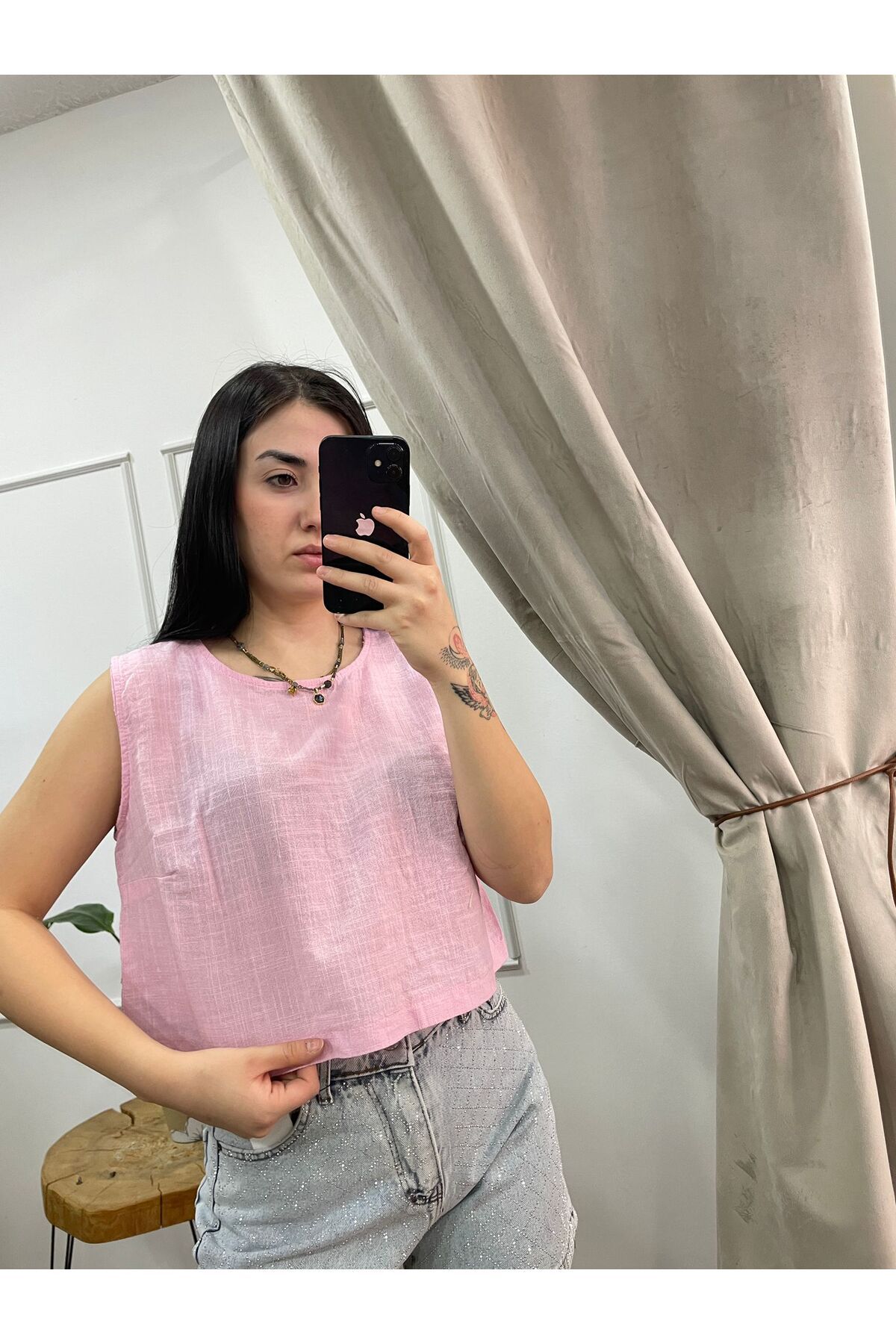 FASİON Kadın Keten Crop Bluz