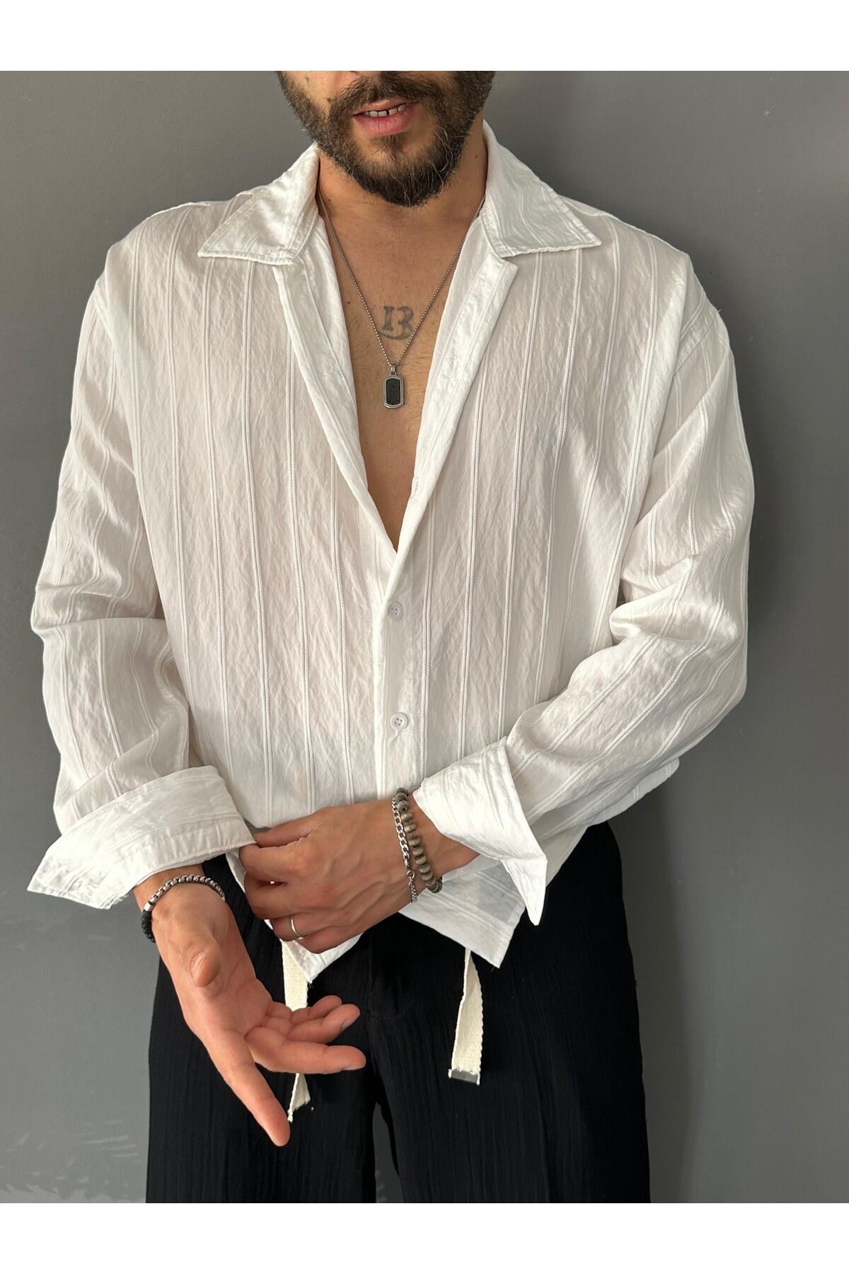 THEMANN Modal Kumaş Çizgili Beyaz Oversize Gömlek