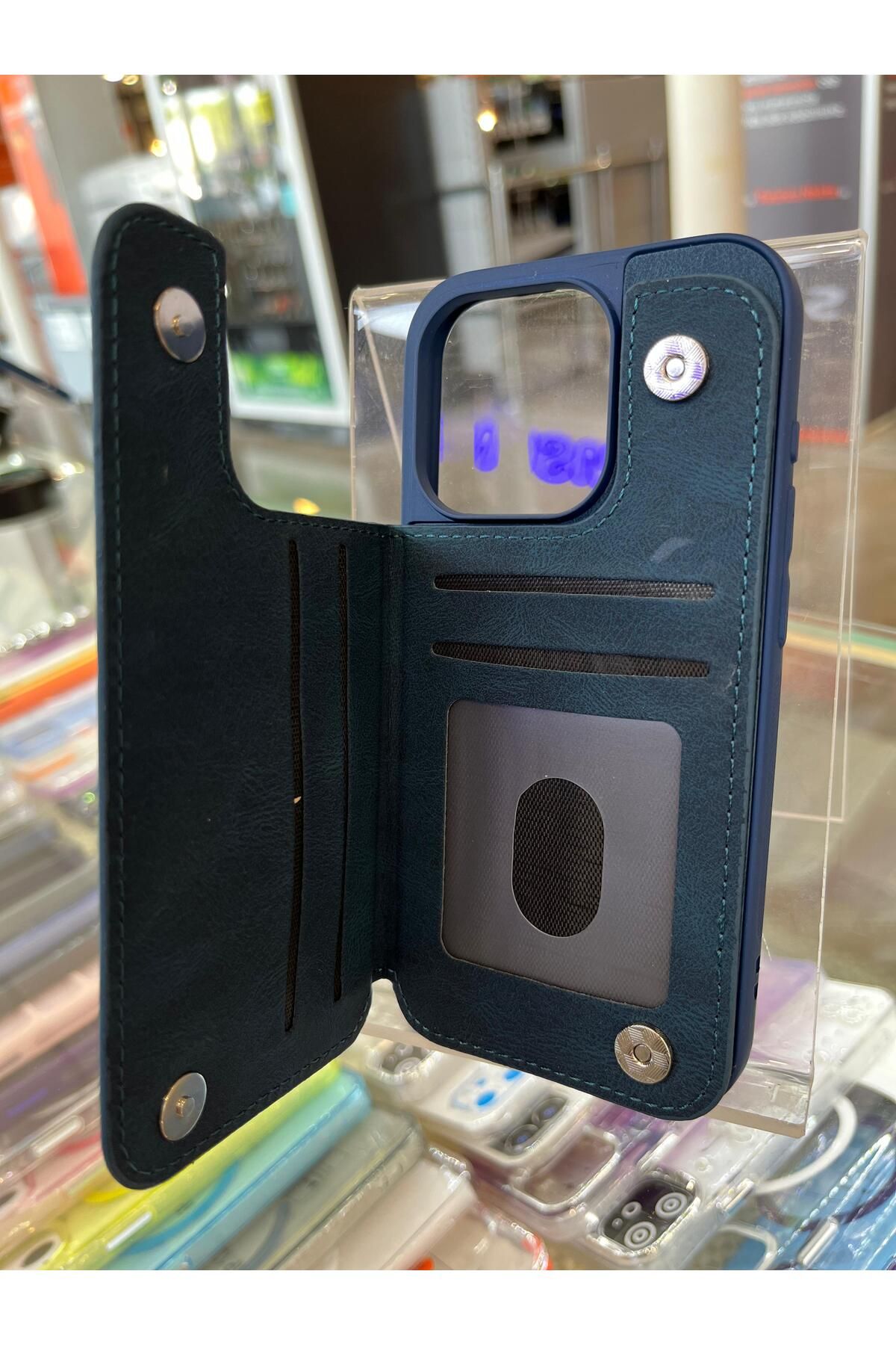 Goktugaksesuar iphone 13 Pro Max Uyumlu Deri Cüzdanlı Kılıf Premium Lacivert