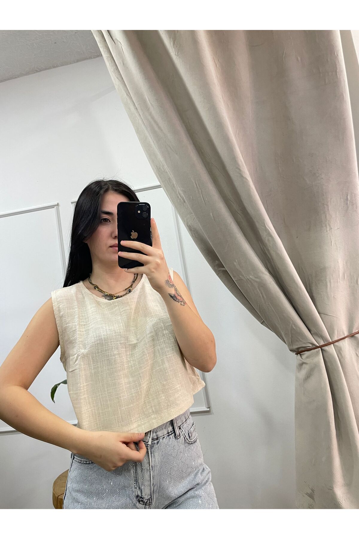 FASİON Kadın Keten Crop Bluz