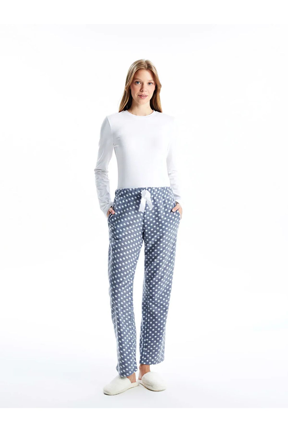 LC Waikiki Gri Beli Lastikli Puantiyeli Kadın Polar Pijama Altı