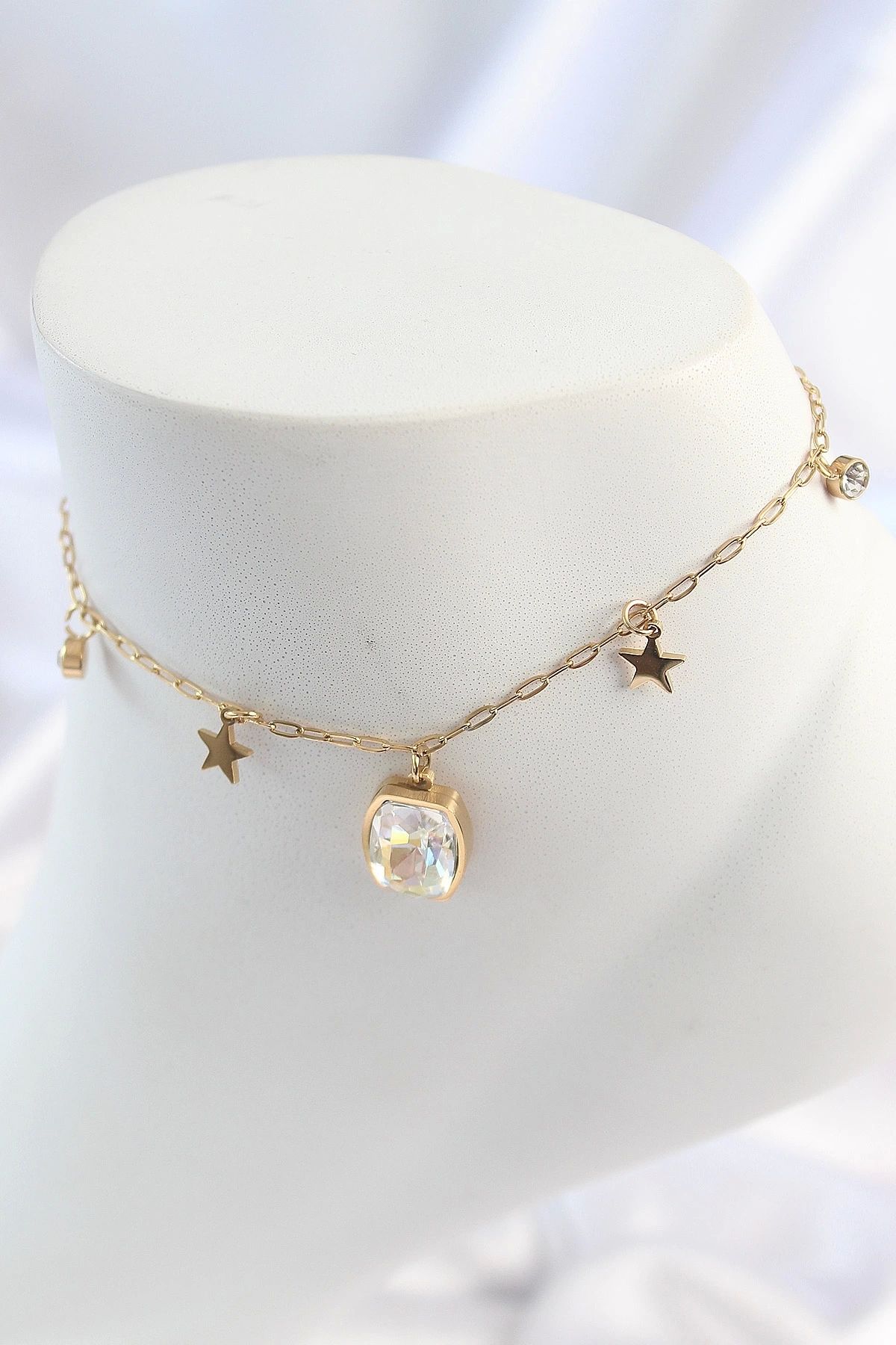 luz&pos 316L Çelik Gold Renk Sallantı Kare Zirkon Taş Figür Yıldız Detay Kadın Halhal