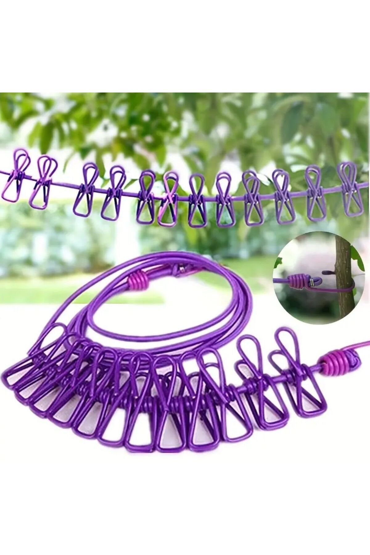 swilex Taşınabilir Seyahat Çamaşır İpi 12 Mandallı Klipsli Lastikli Çamaşır Mandalları