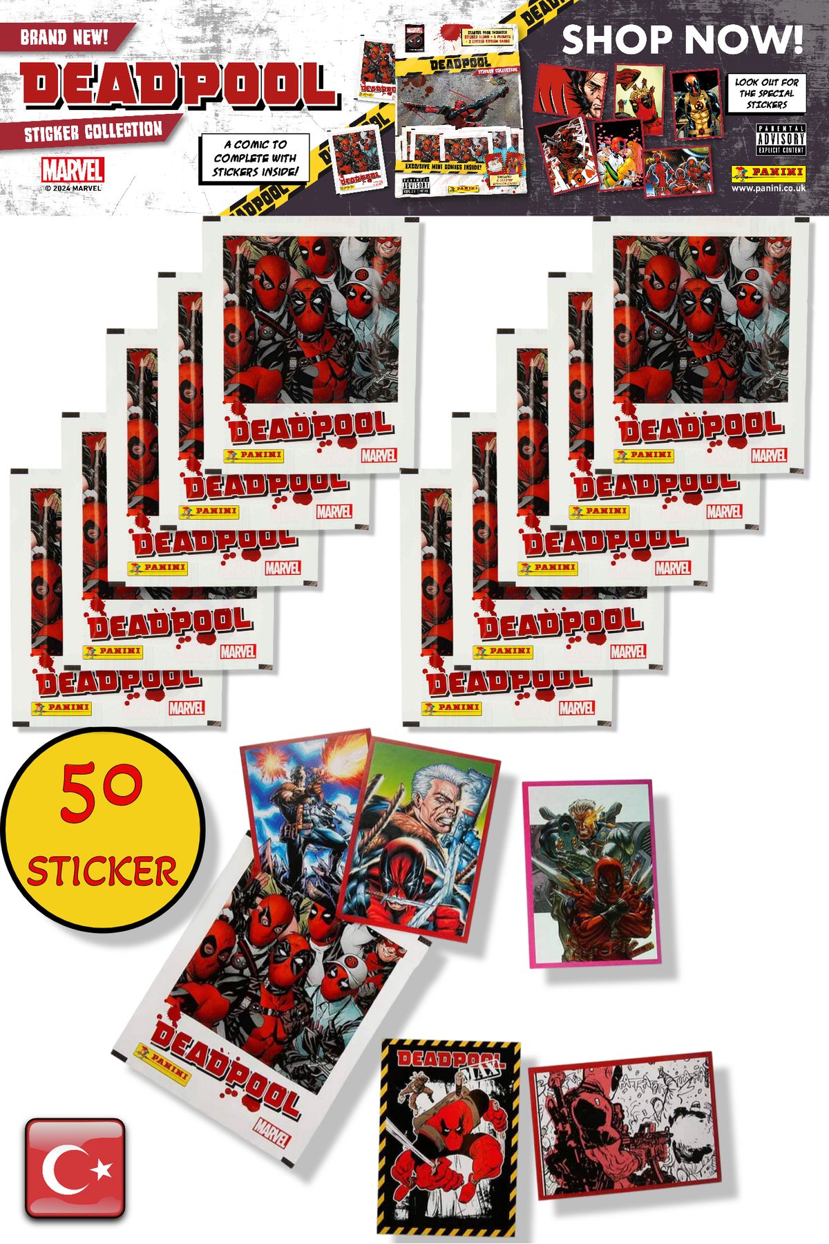 TOYFEST 10 PAKET - Marvel Deadpool Çıkartma Paketi | Panini Lisanslı Ürün ( 50 STICKER )