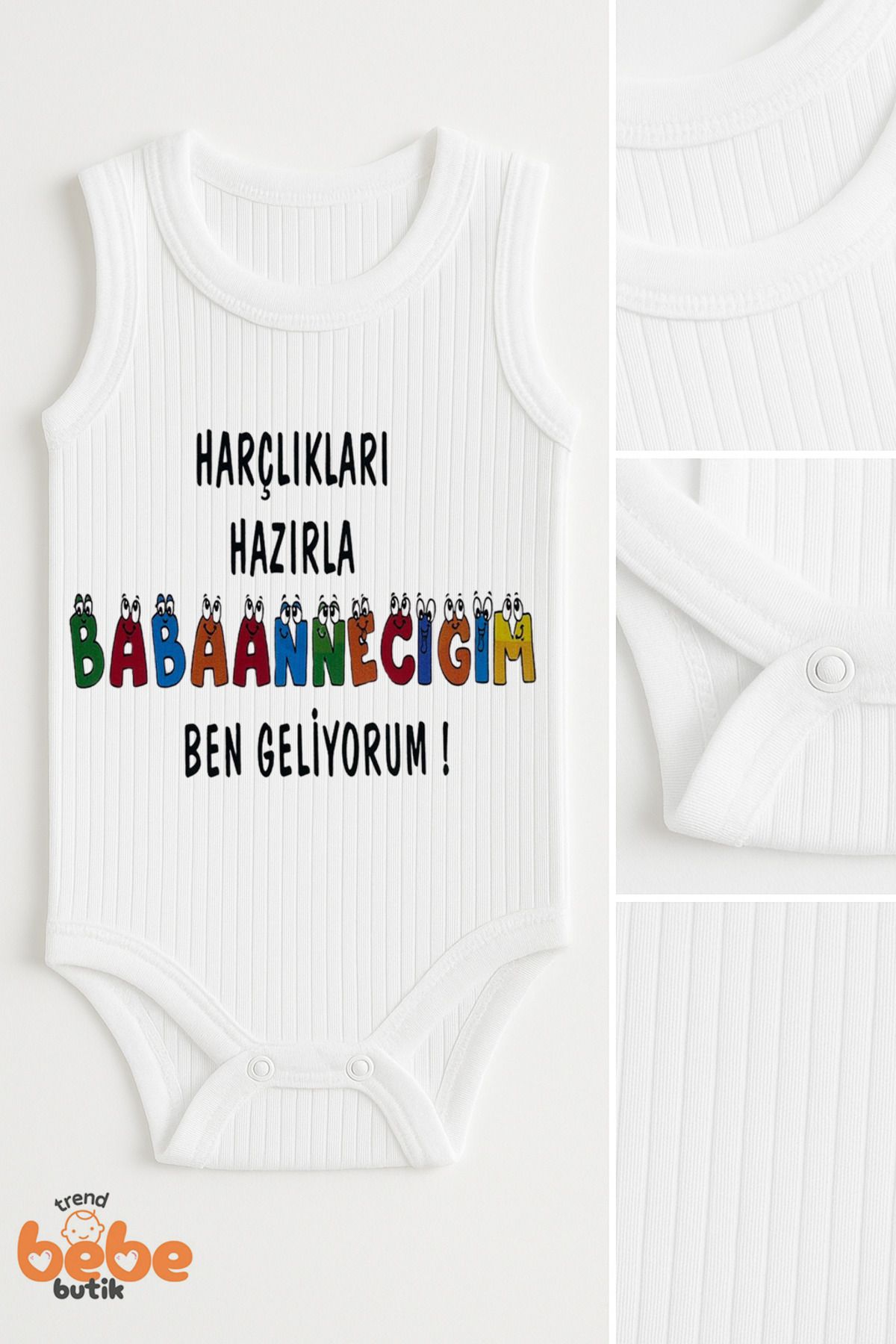 Trend Bebe Butik Harçlıkları Hazırla Babaanneciğim Ben Geliyorum Yazılı Pamuklu Ribana Çıtçıtlı Zıbın Body Bebe Tulum